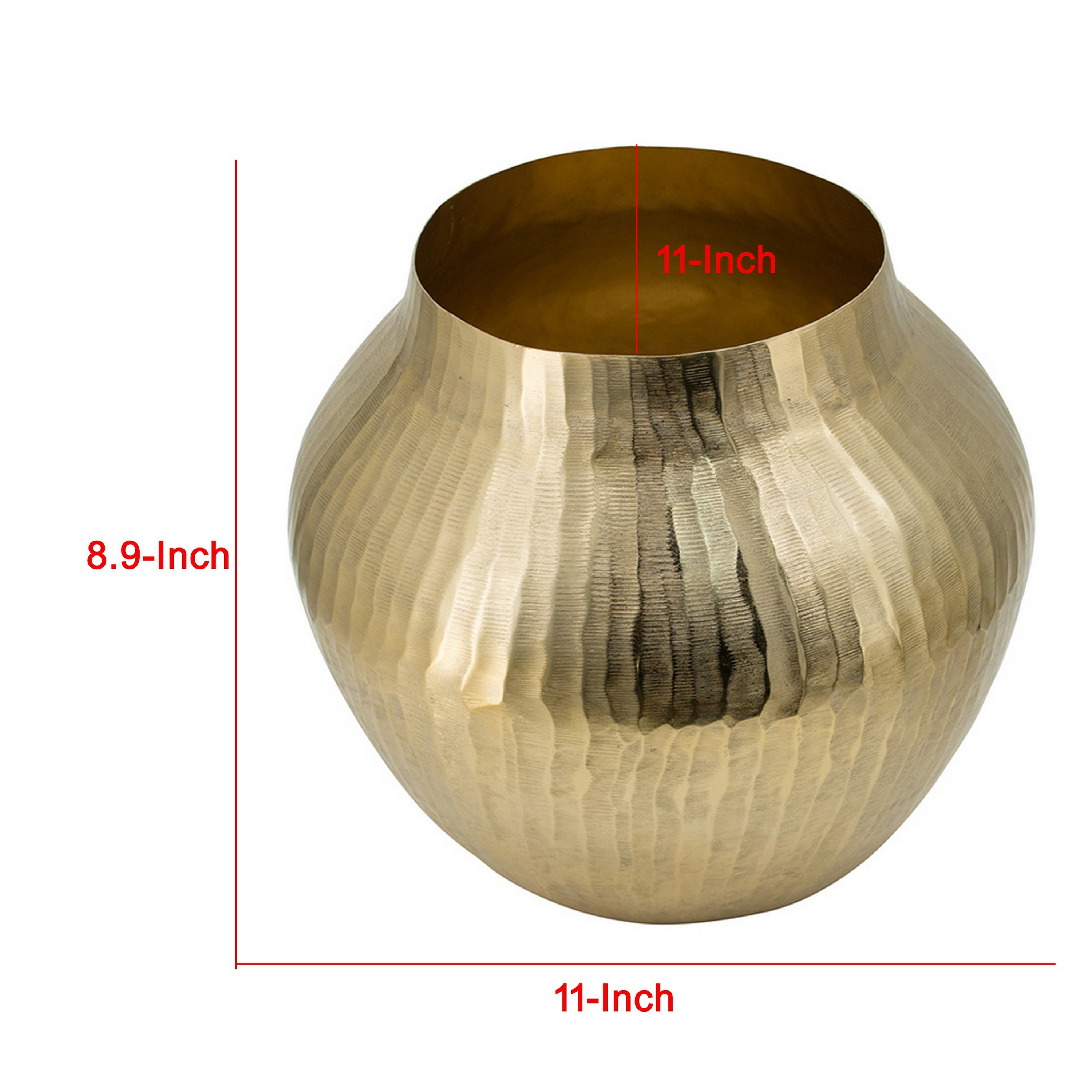 Kria 11 Inch Modern Curved Vase, Hammered Texture, Gold Aluminum Finish