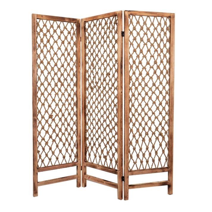 3 Panel Traditional Foldable Screen with Rope Knot Design, Brown