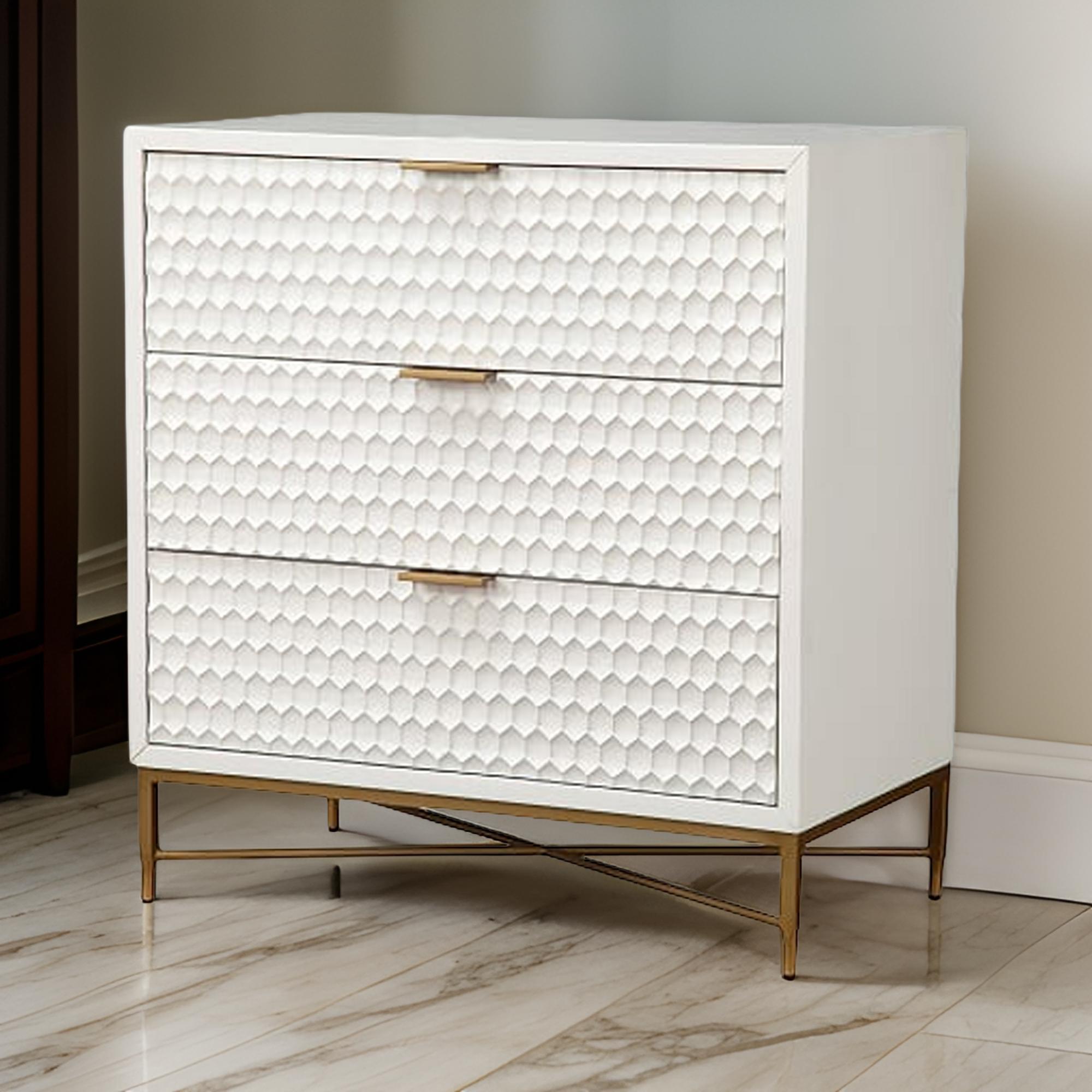 Honeycomb Design 3 Drawer Chest with Metal Legs, Small, White