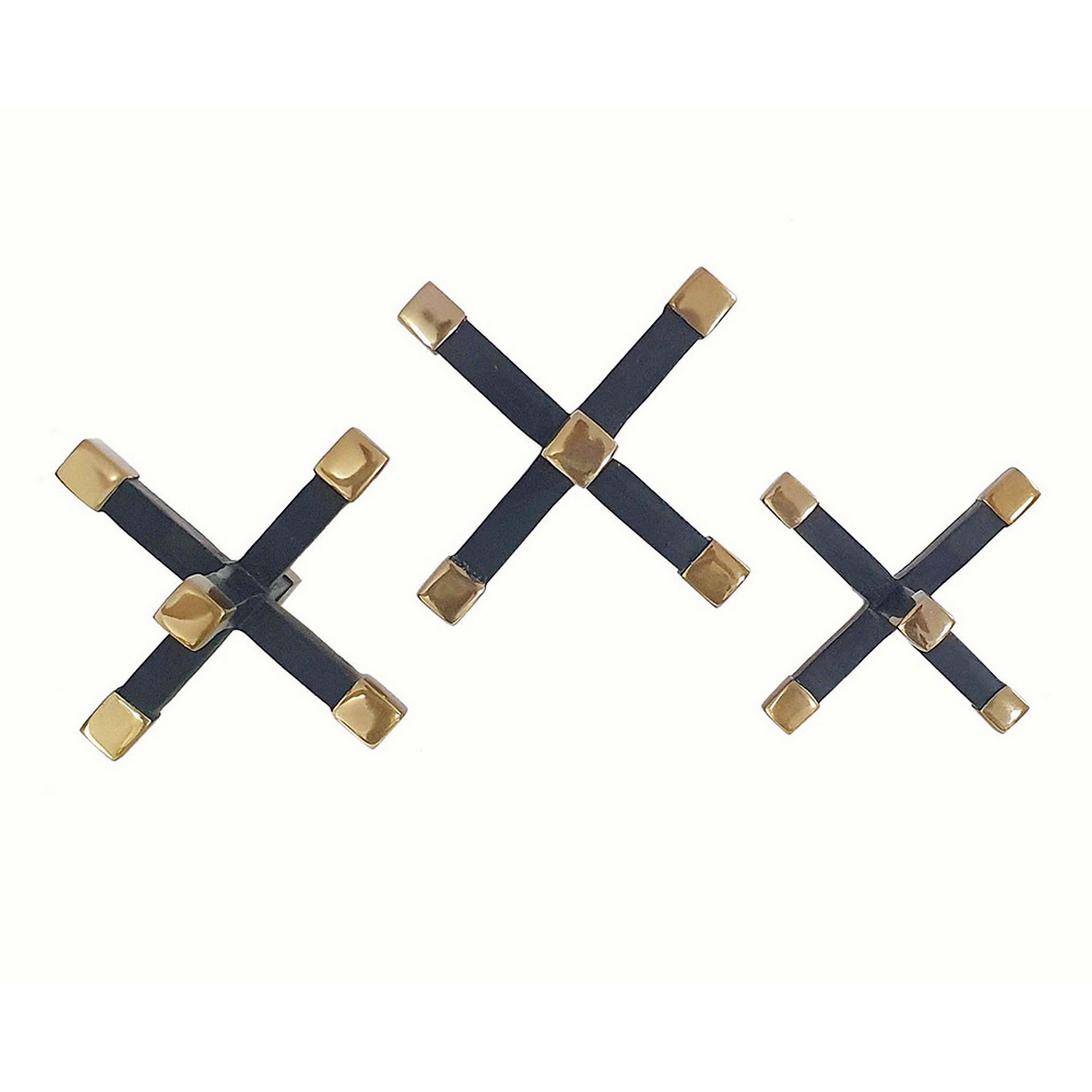 3 Piece Modern Accent Tabletop Decorations, X Shaped Jacks, Black, Gold