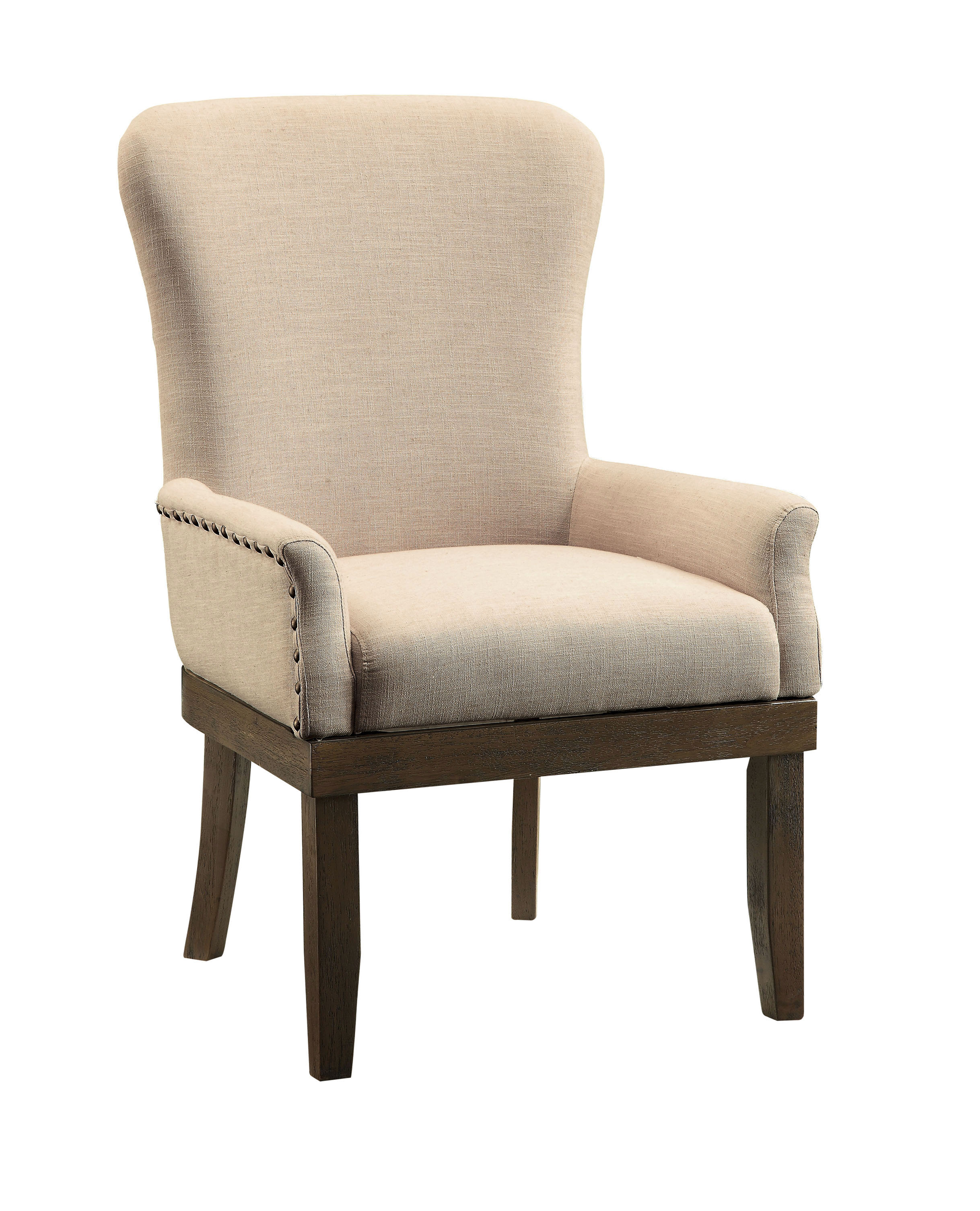 Wooden Arm Chair with Wing Back and Nailhead Trims, Beige and Brown