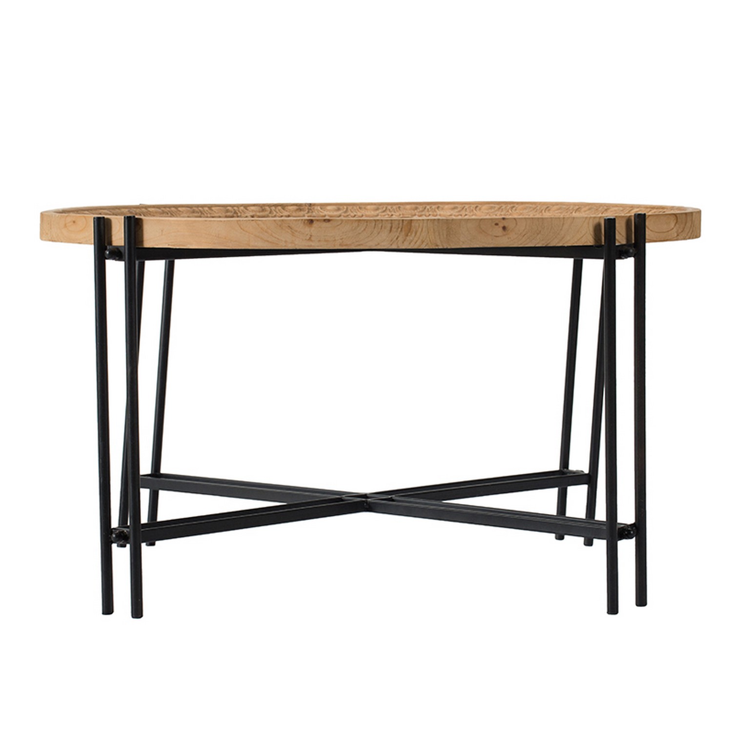 32 Inch Fir Wood Coffee Table, Intersecting Metal Legs, Brown and Black