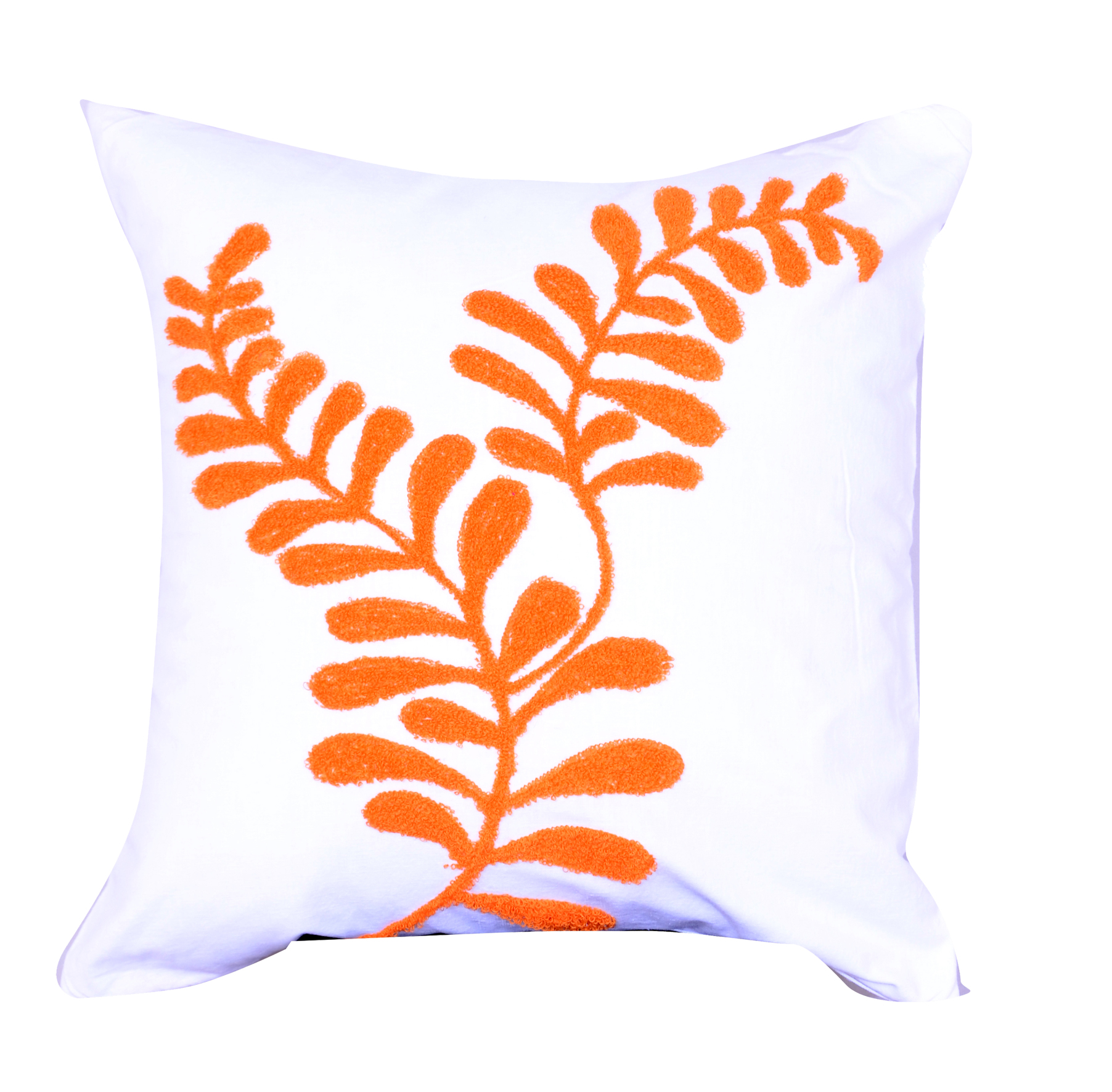 18 X 18 Inch Cotton Pillow with Sprig Pattern Embroidery, Orange