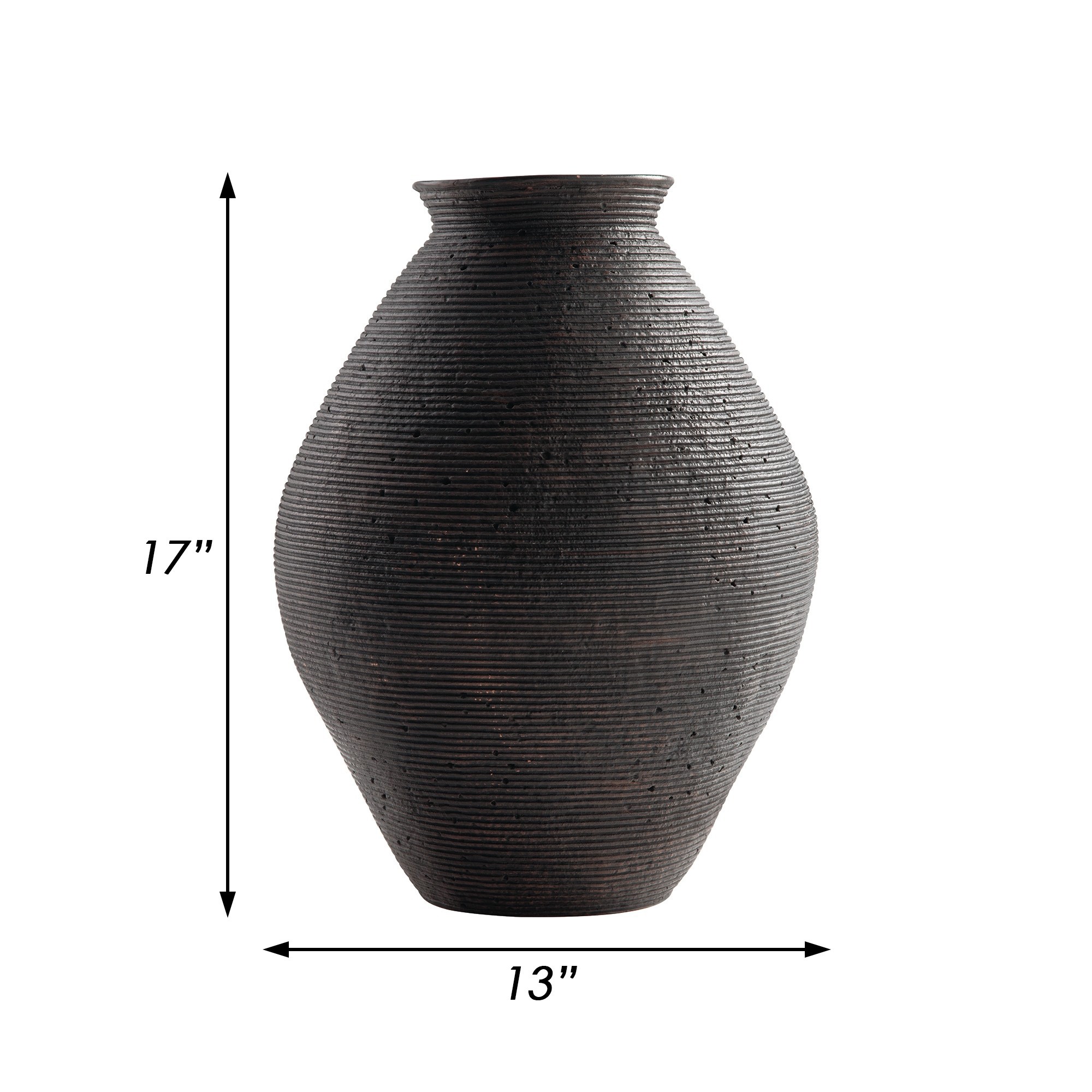 Dale 17 Inch Round Polyresin Vase, Tightly Ribbed Texture, Antique Brown