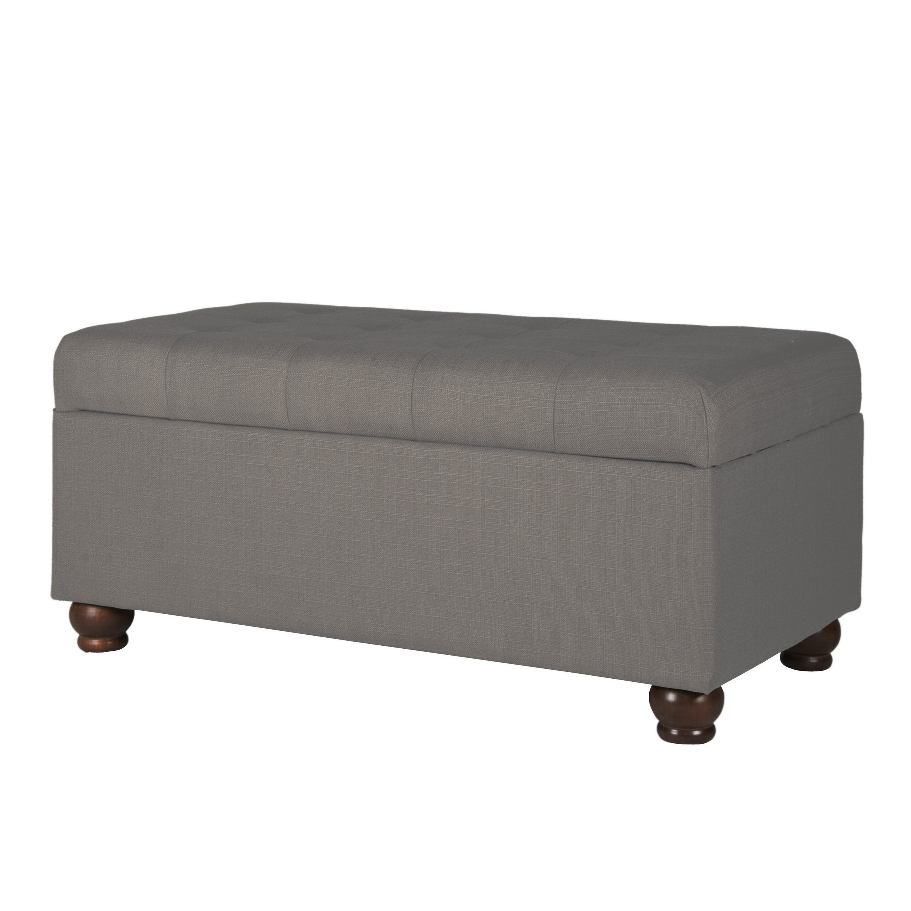 Textured Fabric Upholstered Button Tufted Storage Bench With Wooden Bun Feet, Gray and Brown