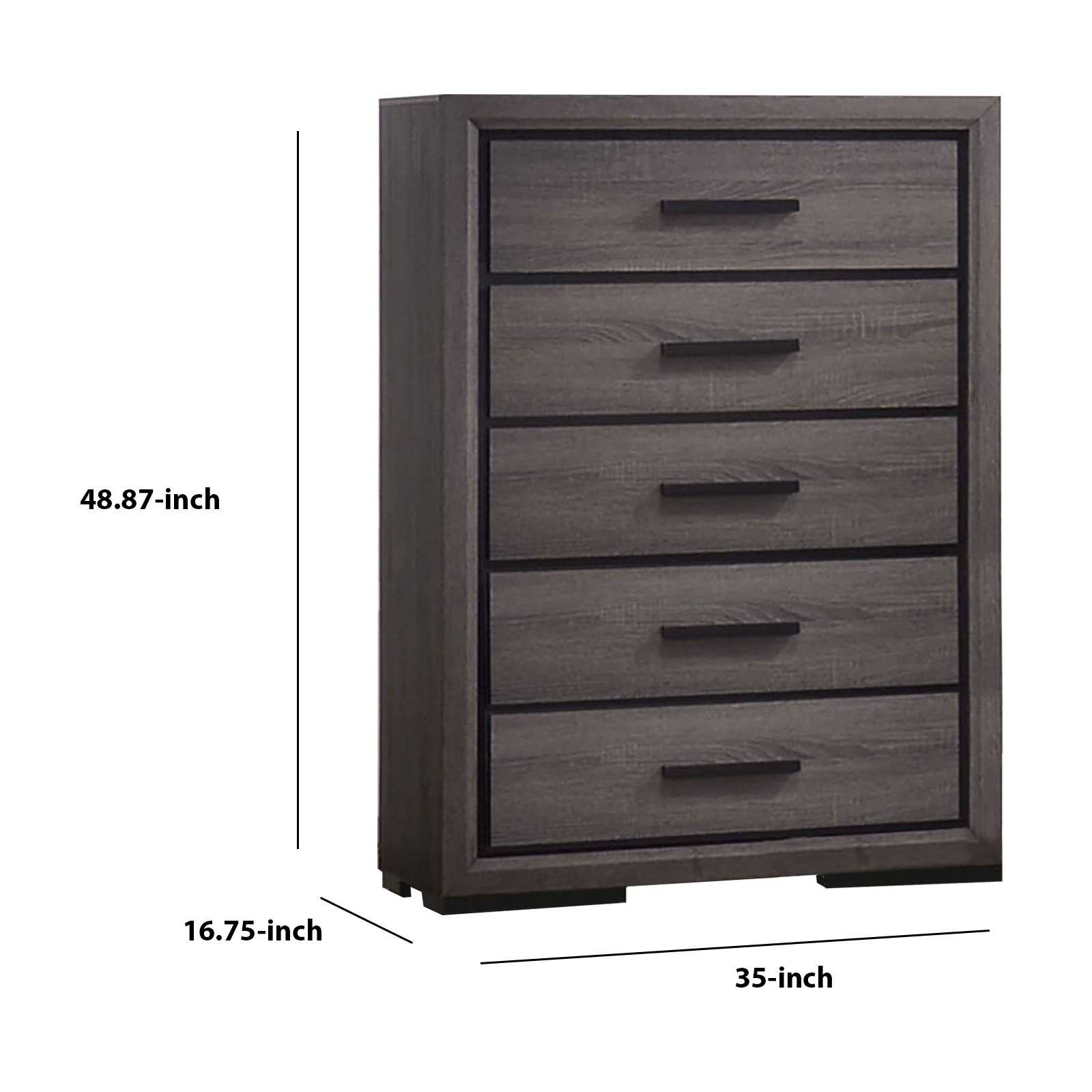 Wooden Chest with 5 Drawers and Finger Pull Handle, Gray and Black