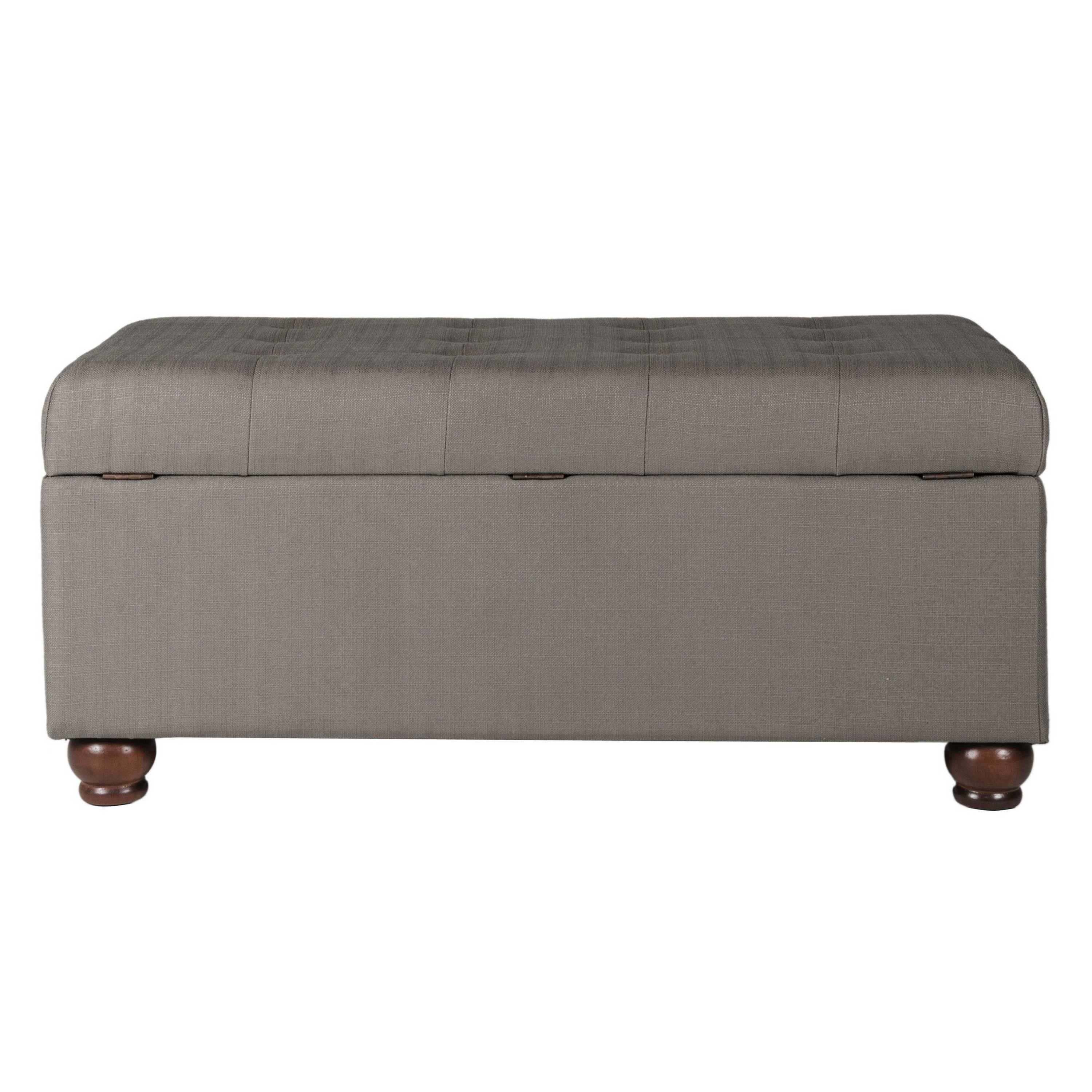 Textured Fabric Upholstered Button Tufted Storage Bench With Wooden Bun Feet, Gray and Brown