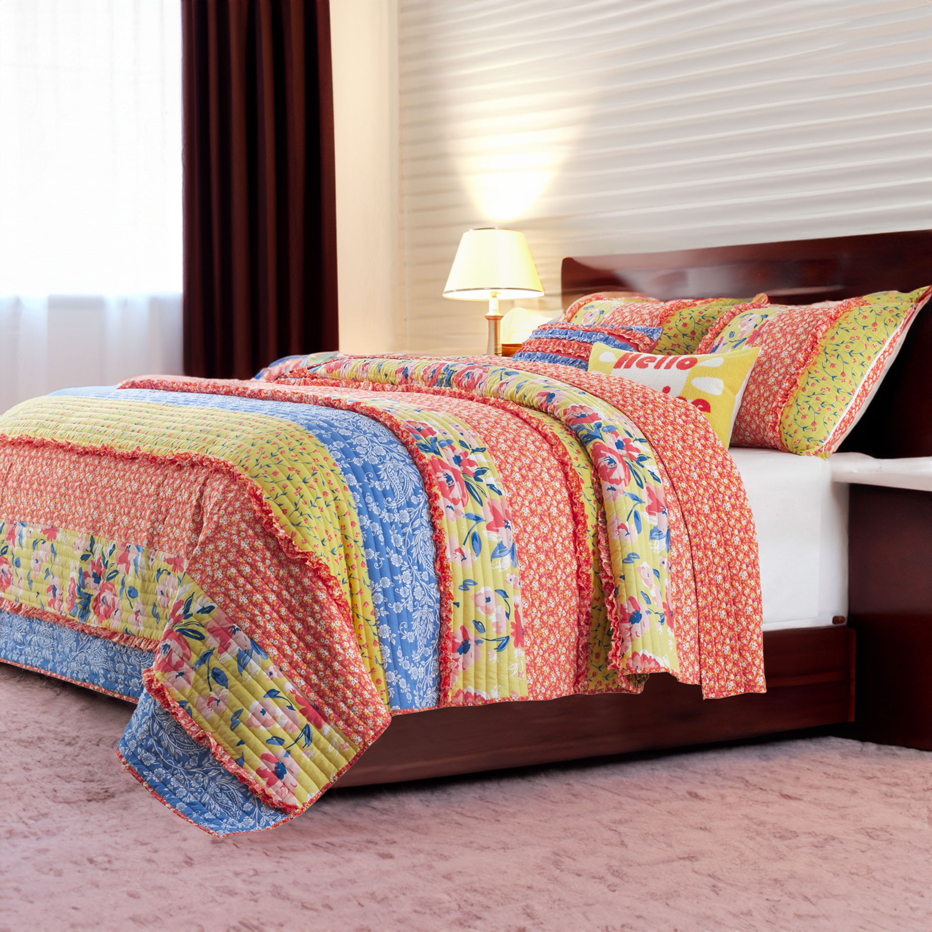 Lio 2 Piece Microfiber Twin Quilt Set, Bohemian Floral Pattern, Multicolor