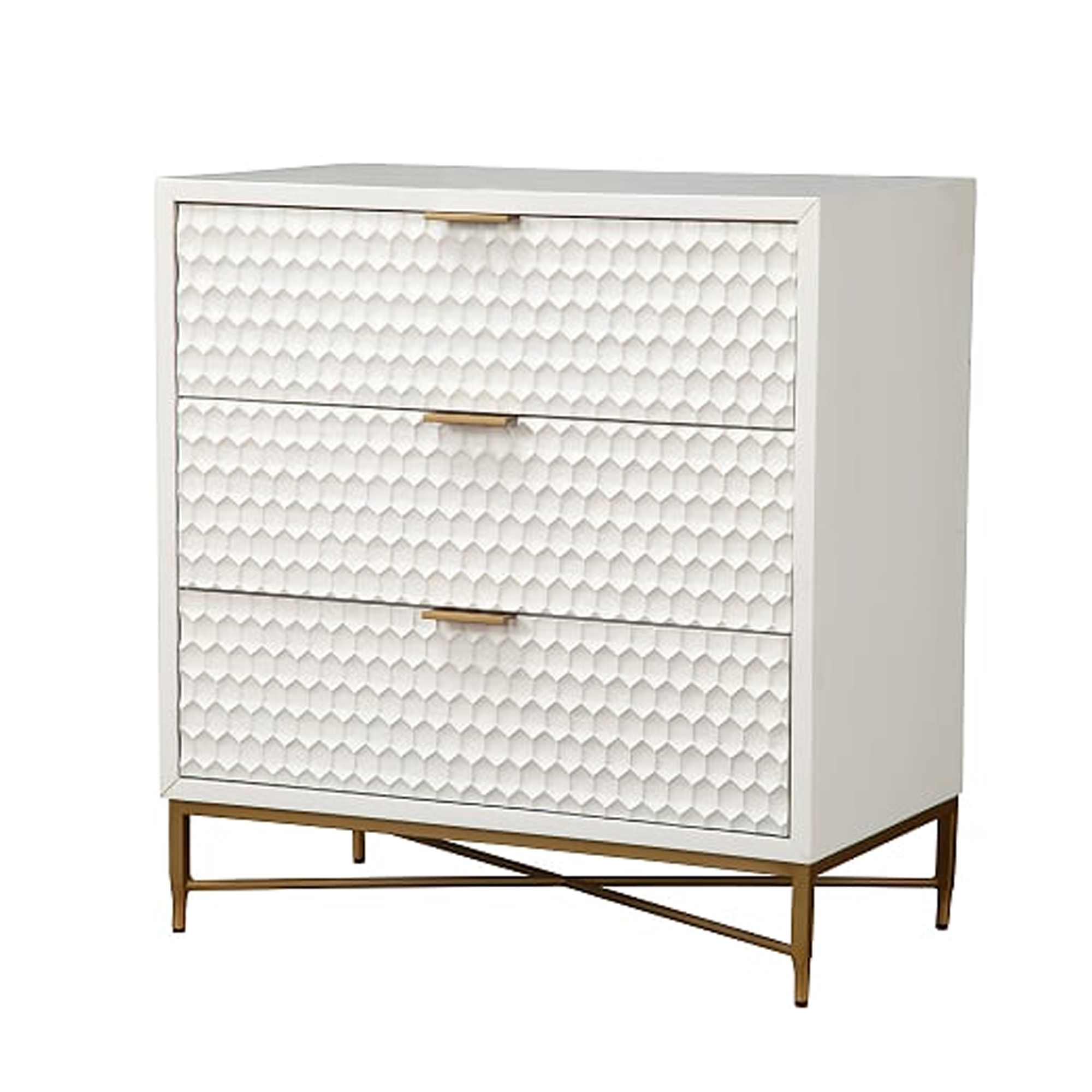 Honeycomb Design 3 Drawer Chest with Metal Legs, Small, White