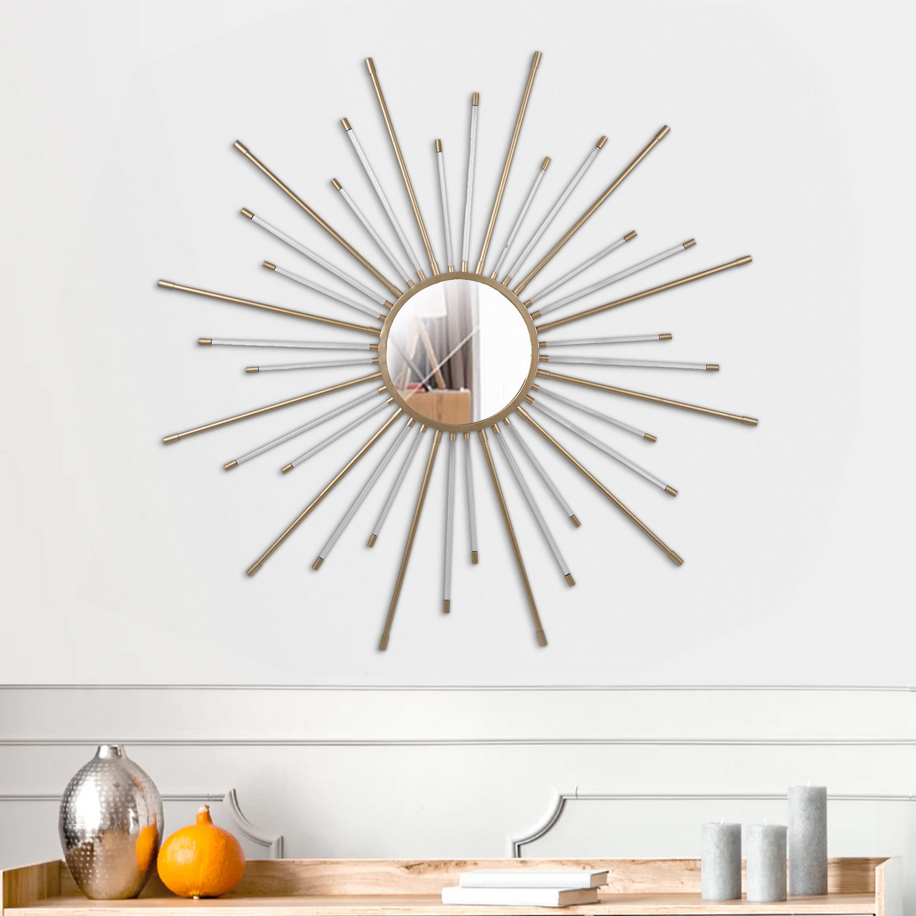 Iron Mirror with Sparkled Sunburst Design, Large, White and Gold