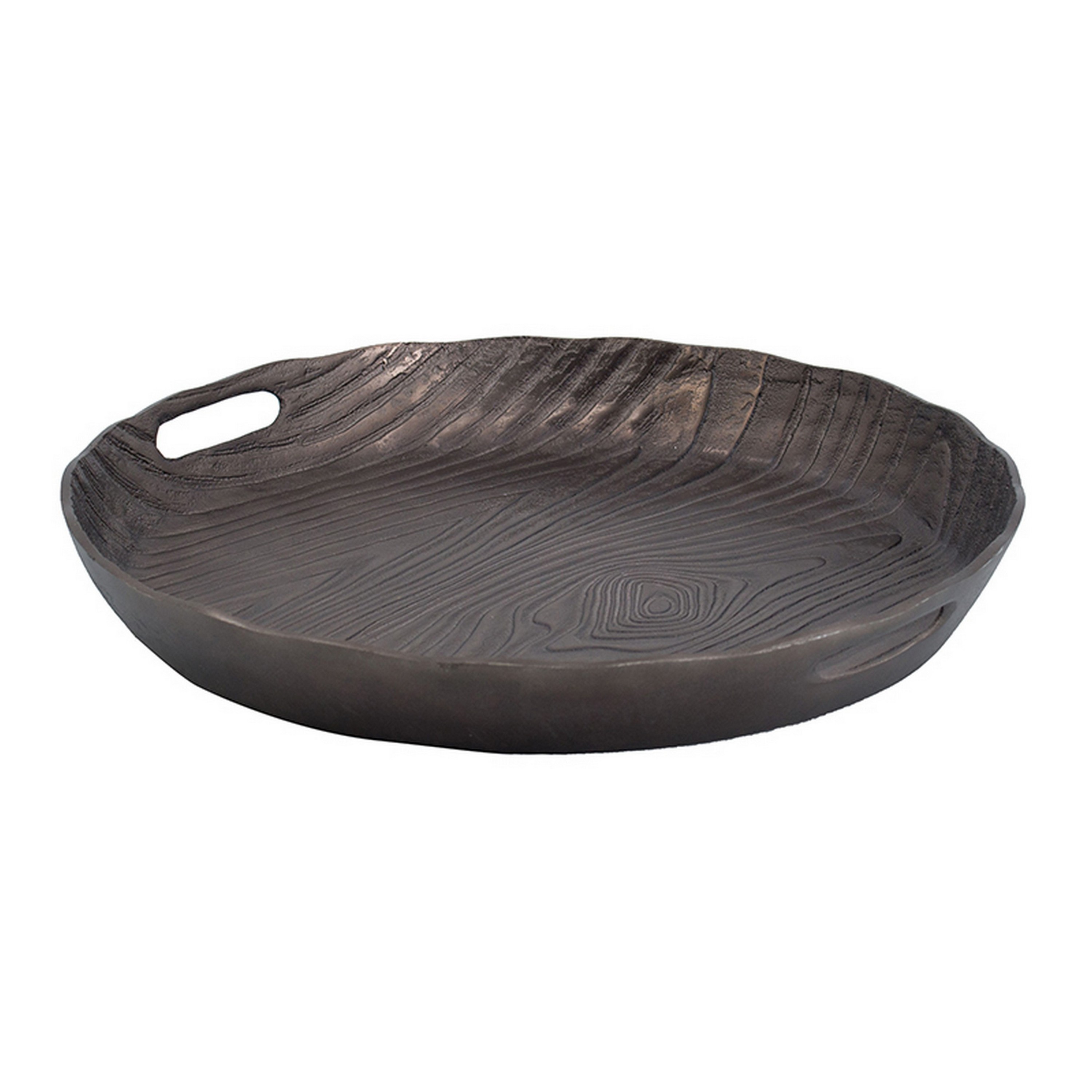 18 Inch Aluminum Decorative Tray, Cut Out Handles, Wood Grain Texturing