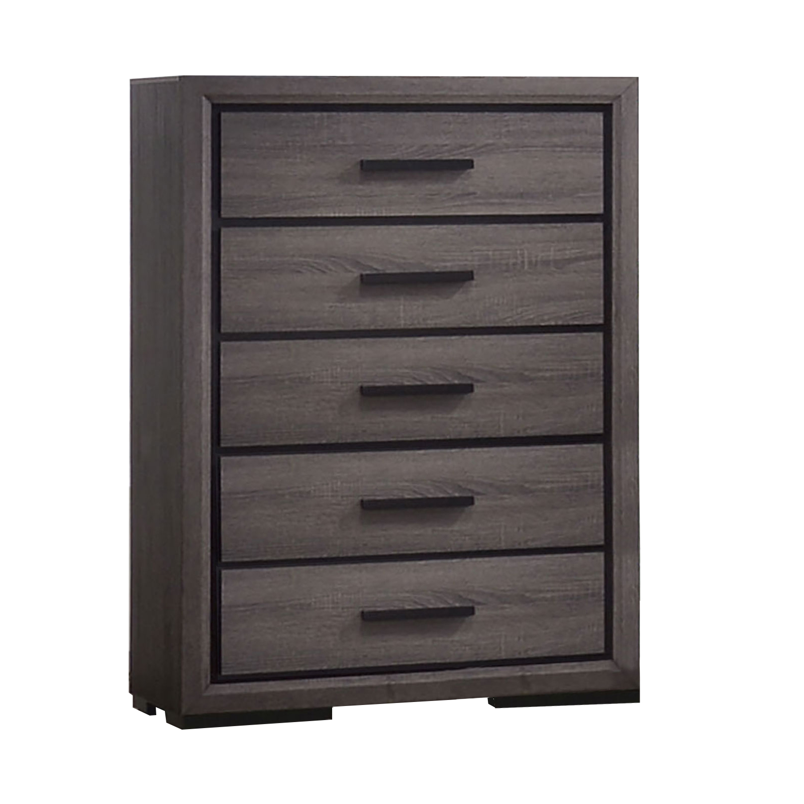 Wooden Chest with 5 Drawers and Finger Pull Handle, Gray and Black