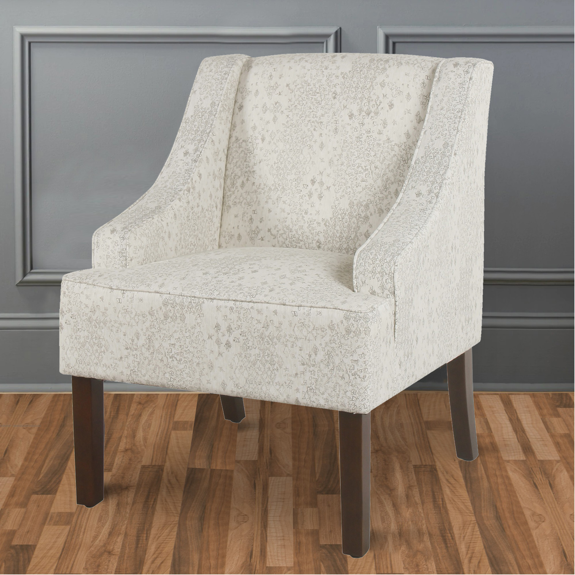 Fabric Upholstered Wooden Accent Chair with Swooping Arms, White and Brown