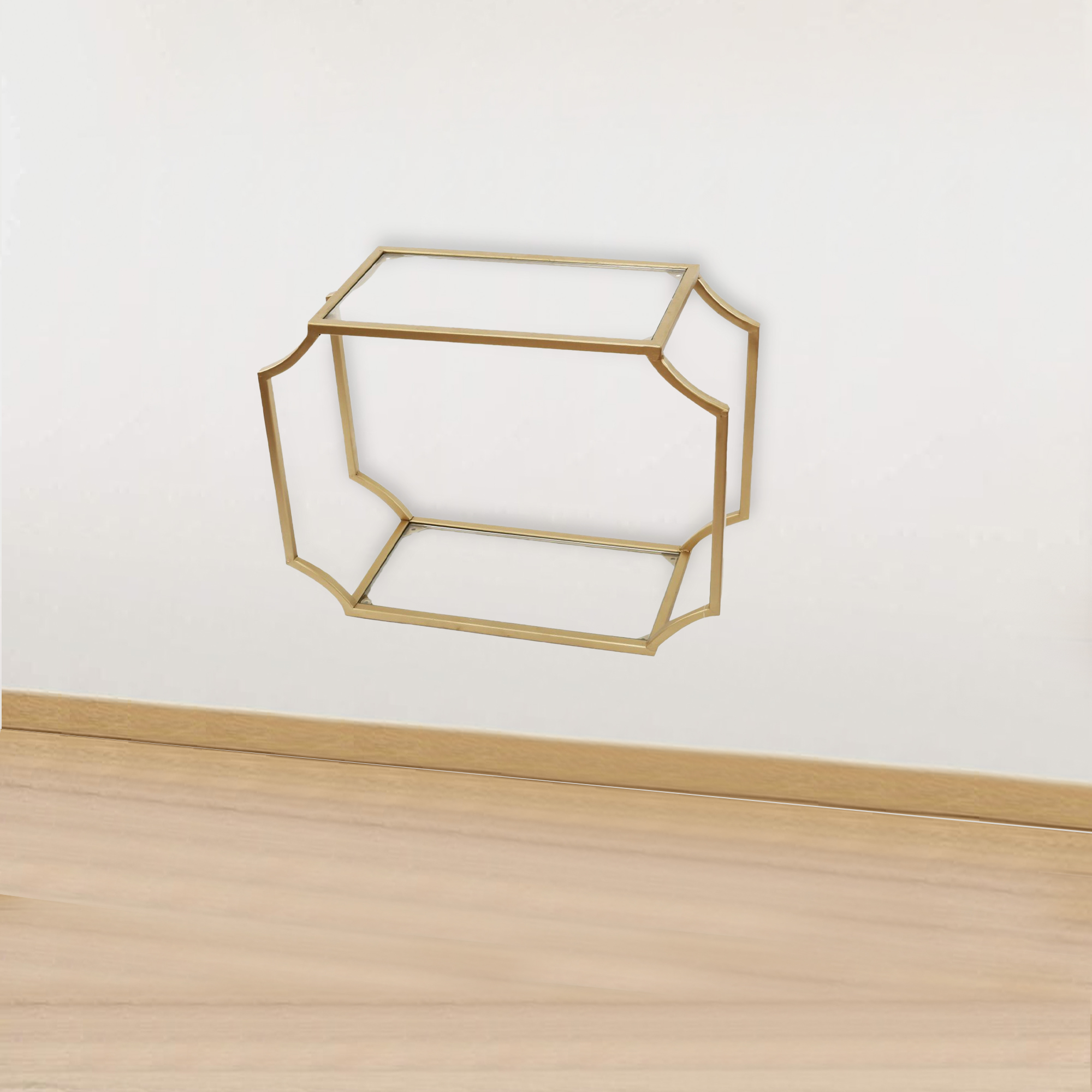 Metal Wall Shelf with Two Glass Shelves and Smooth Chamfered Corners, Gold and Clear