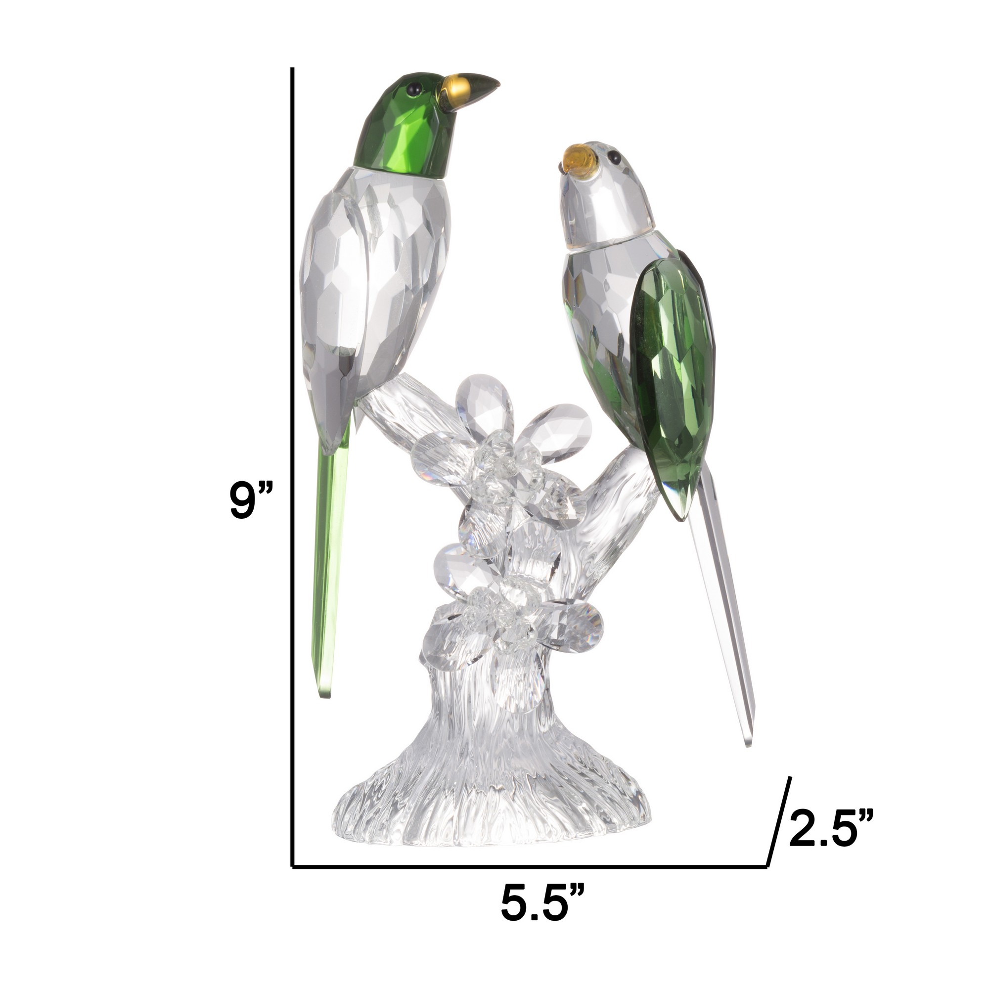 9 Inch 2 Parrots Sculpture Figurine Accent, Clear and Green Faceted Glass