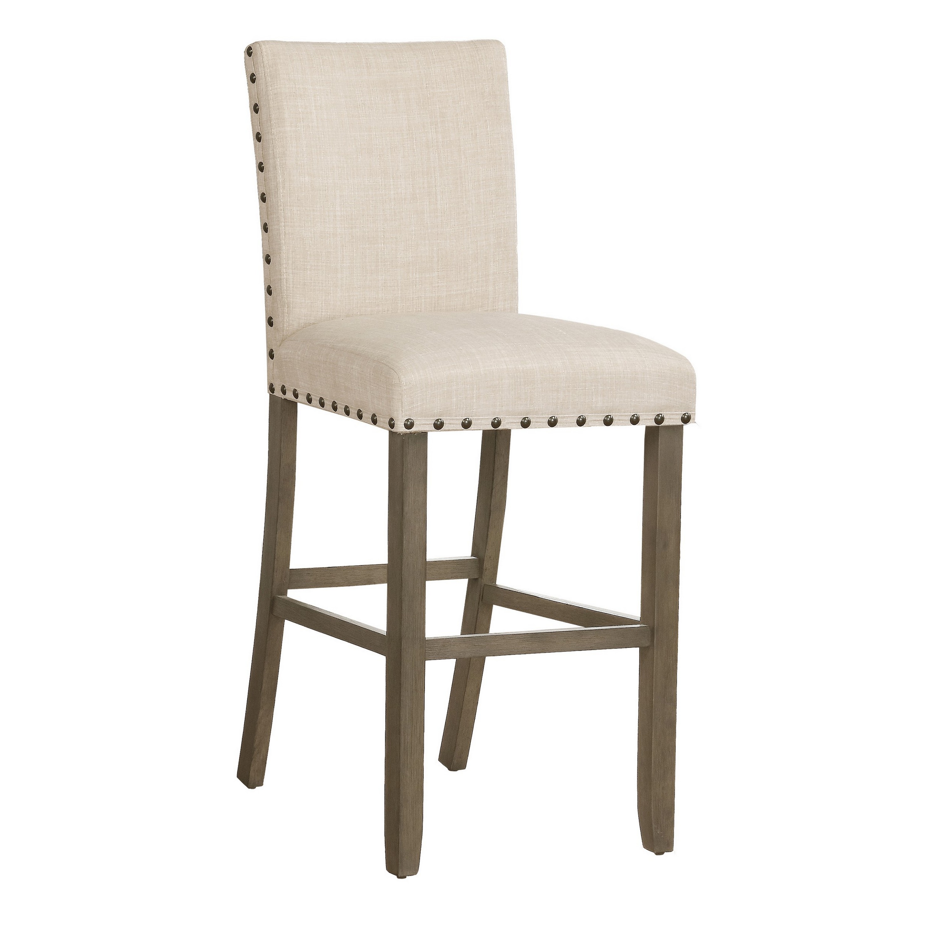 Lok 30 Inch Wood Barstool, Set of 2, Nailhead Trim, Padded Seating, Beige