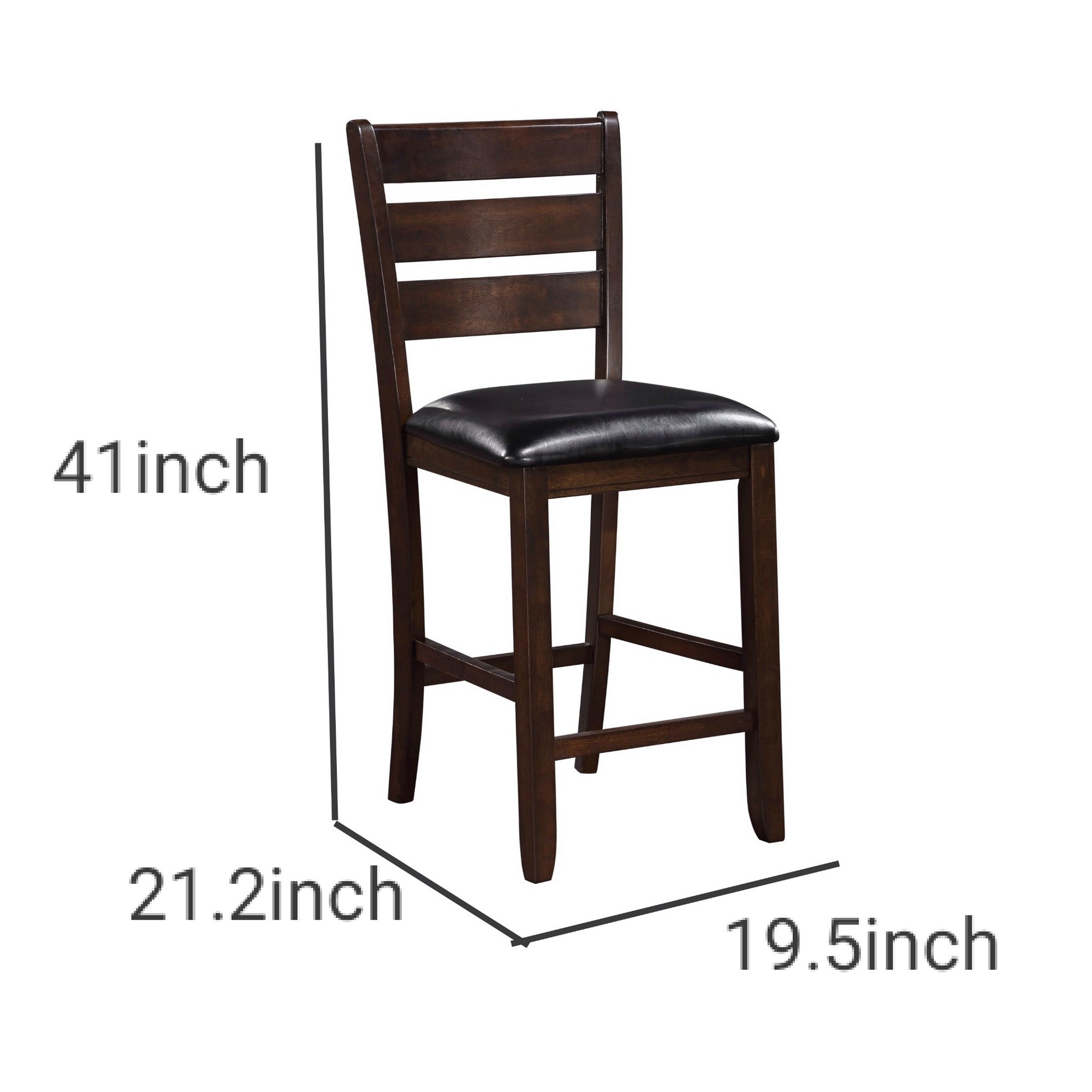 Wooden Counter Height Chair with Leatherette seat, Set of 2, Black and Brown