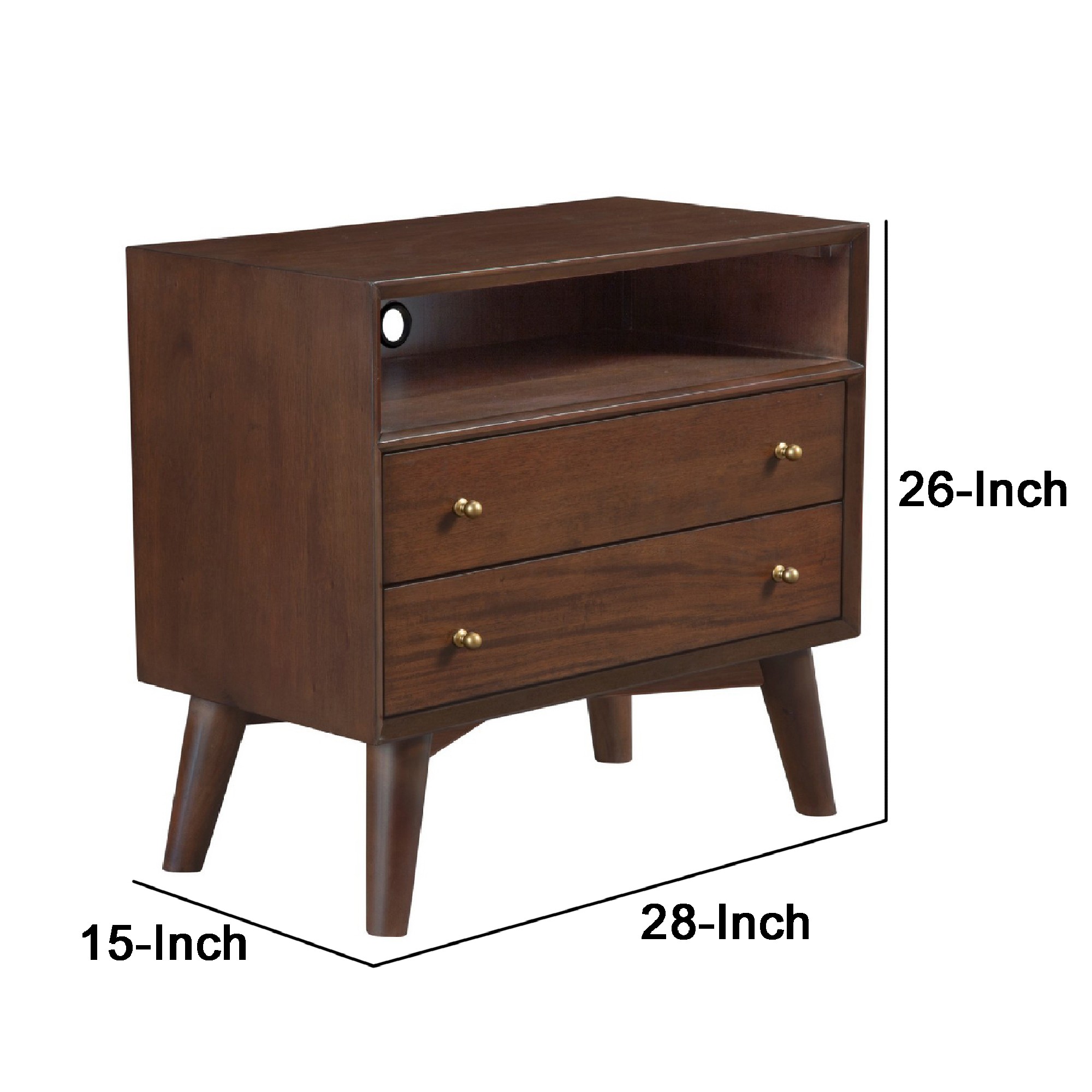 Ian 28 Inch 2 Drawer Nightstand, Open Cubby, Mahogany Wood, Walnut Brown