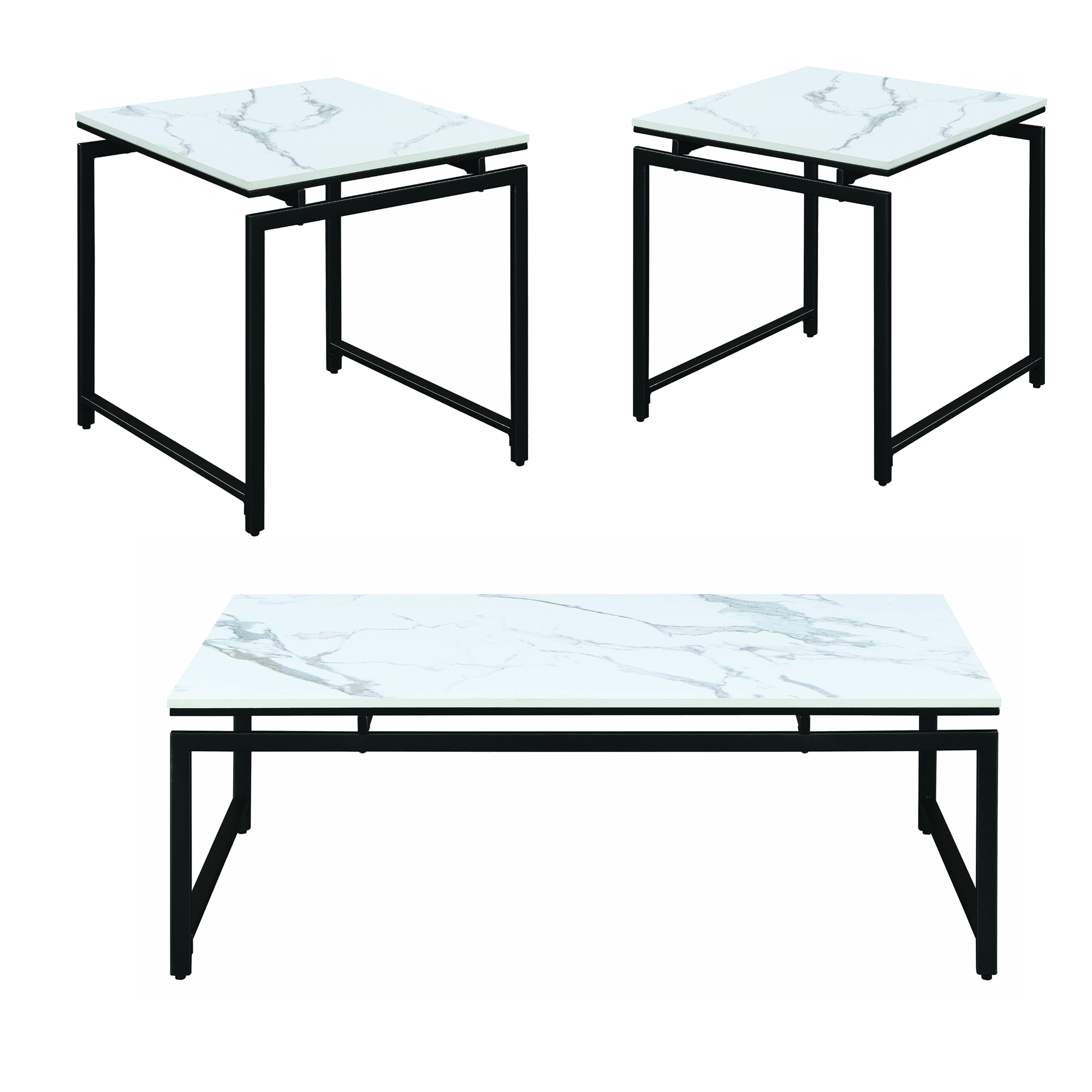 3 Piece Metal Base Occasional Table Set with Faux Marble Top, Black and White