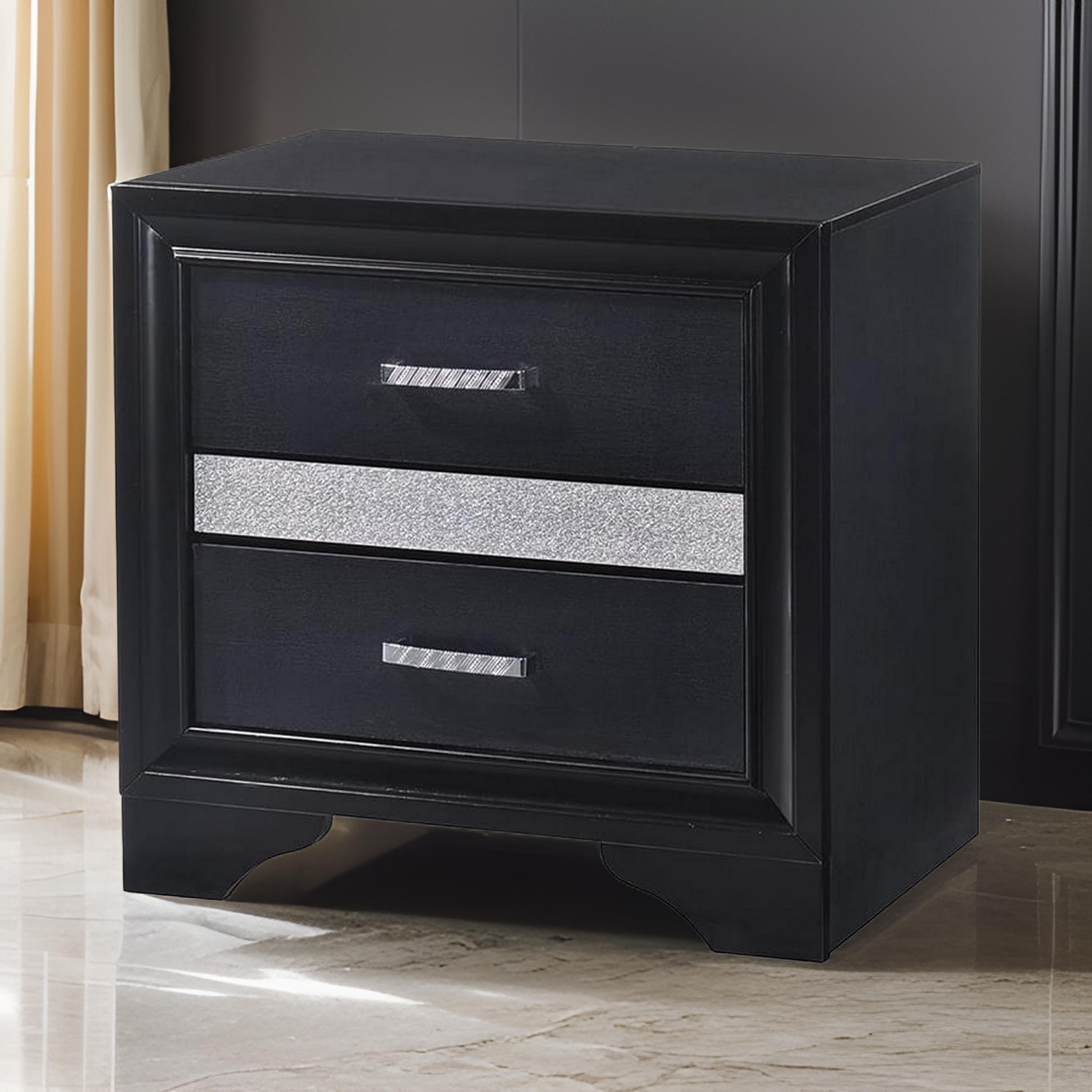 Nightstand with 2 Drawers and Rhinestone Pull Handles, Black and Silver