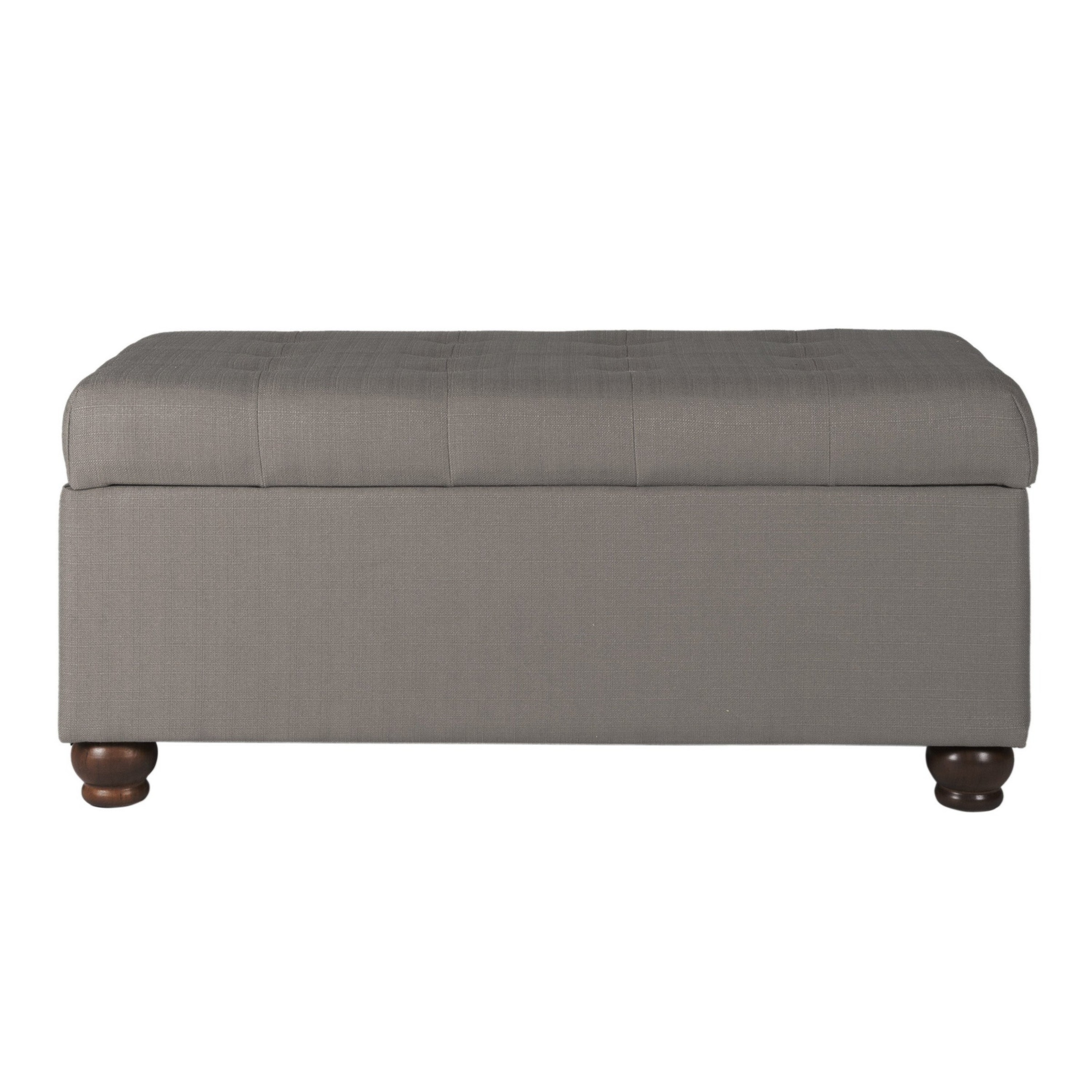 Textured Fabric Upholstered Button Tufted Storage Bench With Wooden Bun Feet, Gray and Brown