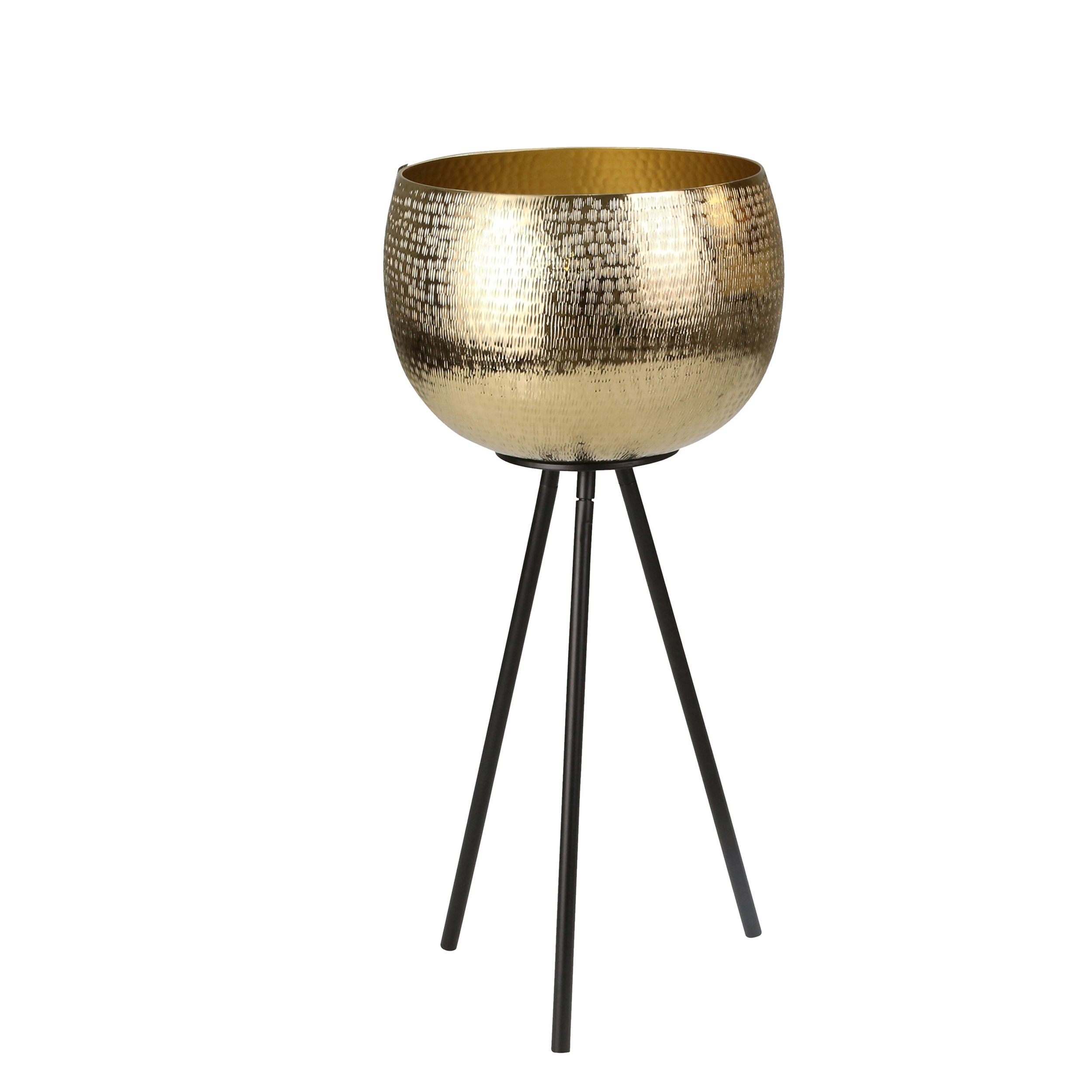 Hammered Textured Metal Bowl Planters on Tripod Base, Set of 2, Gold and Black