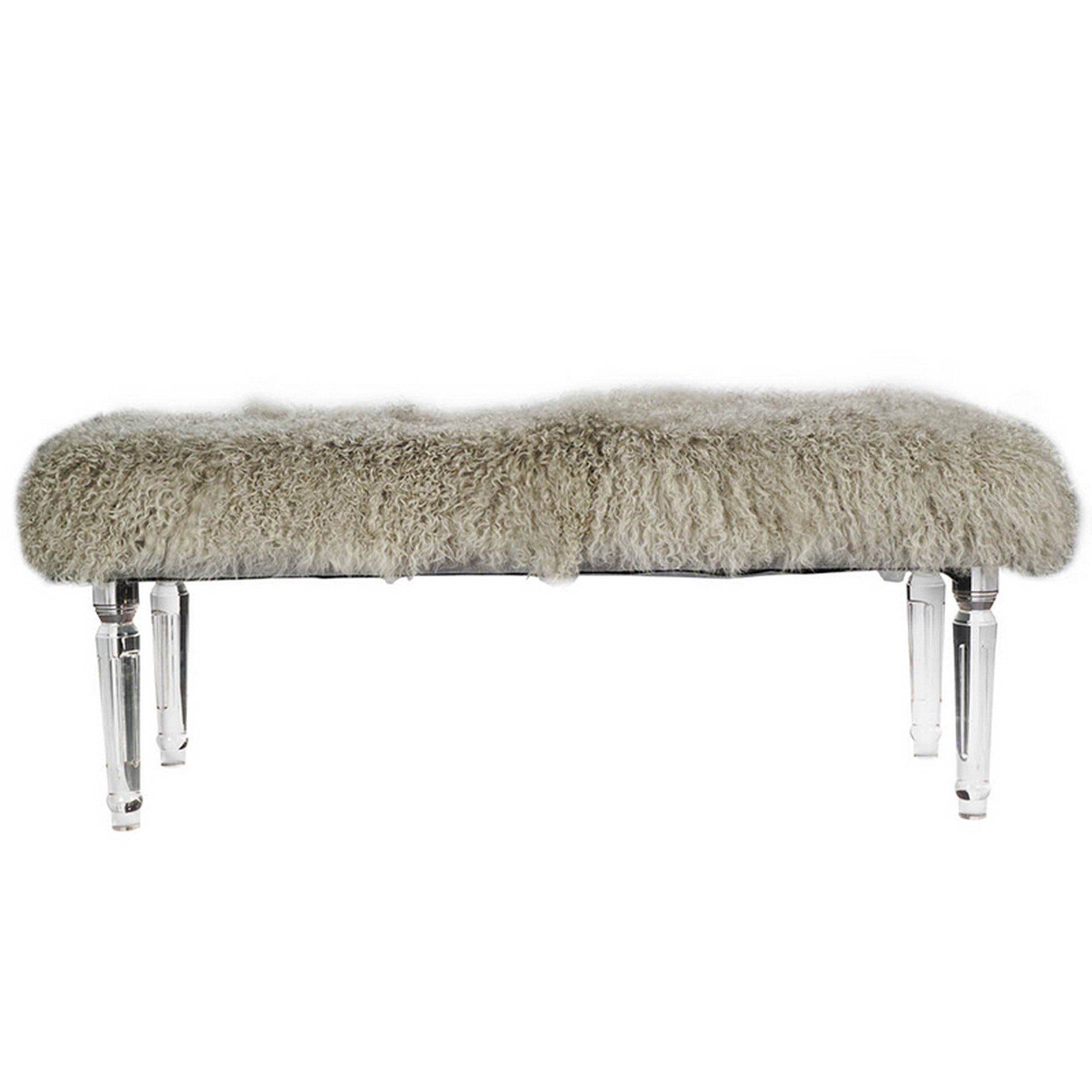 49 Inch Accent Bench, Faux Fur Seat, Clear Acrylic Legs, Smooth Rich Brown