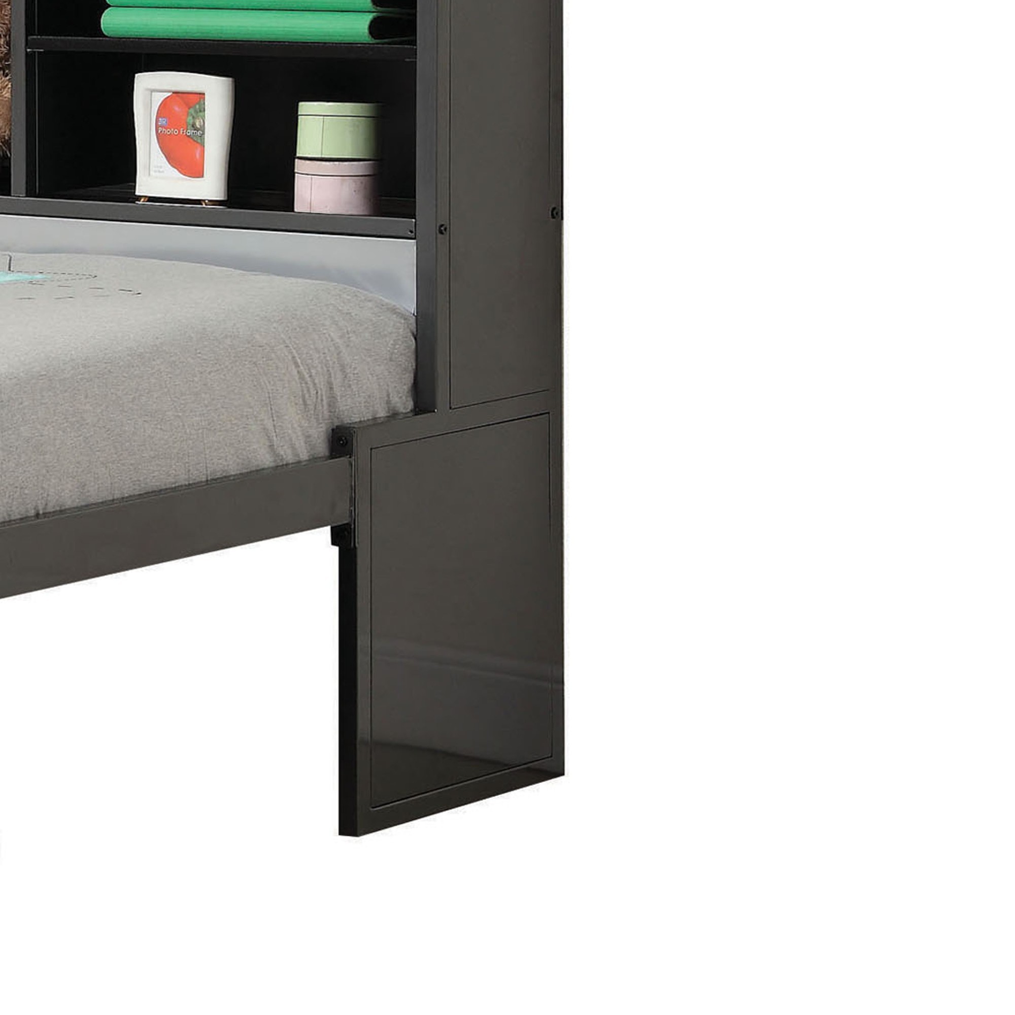 Metal Twin Bed with Bookcase and Rollout Trundle, Black and Silver