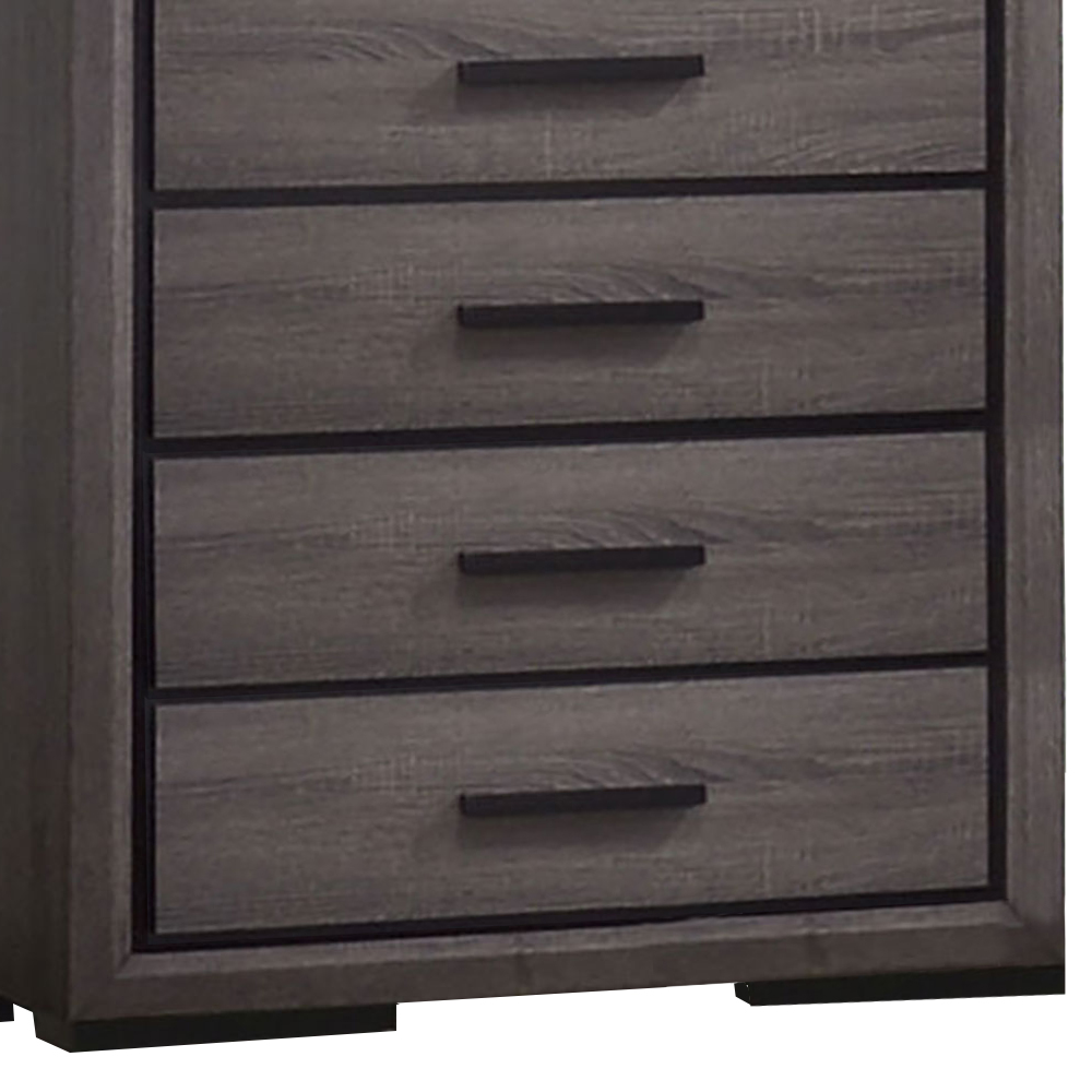 Wooden Chest with 5 Drawers and Finger Pull Handle, Gray and Black