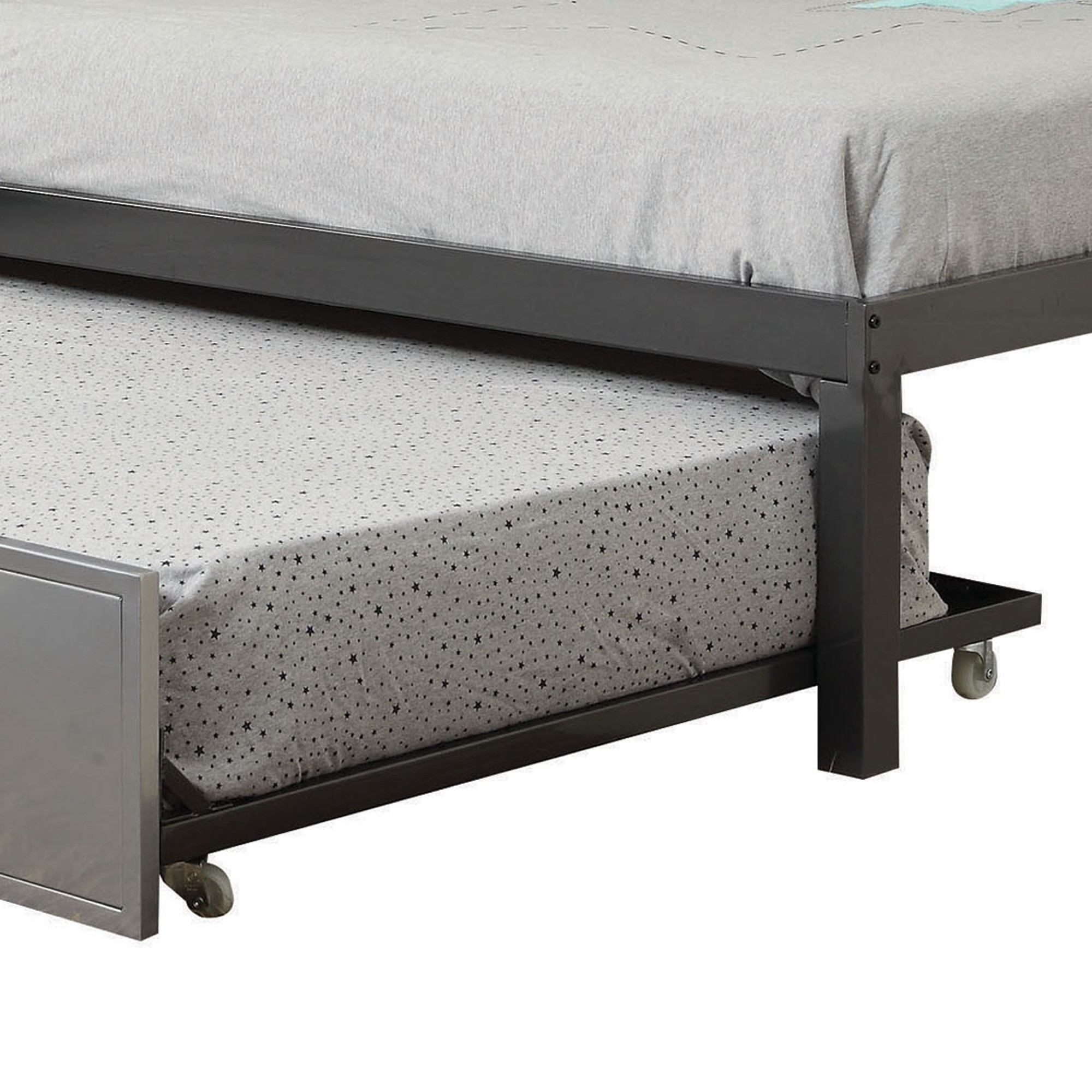 Metal Twin Bed with Bookcase and Rollout Trundle, Black and Silver