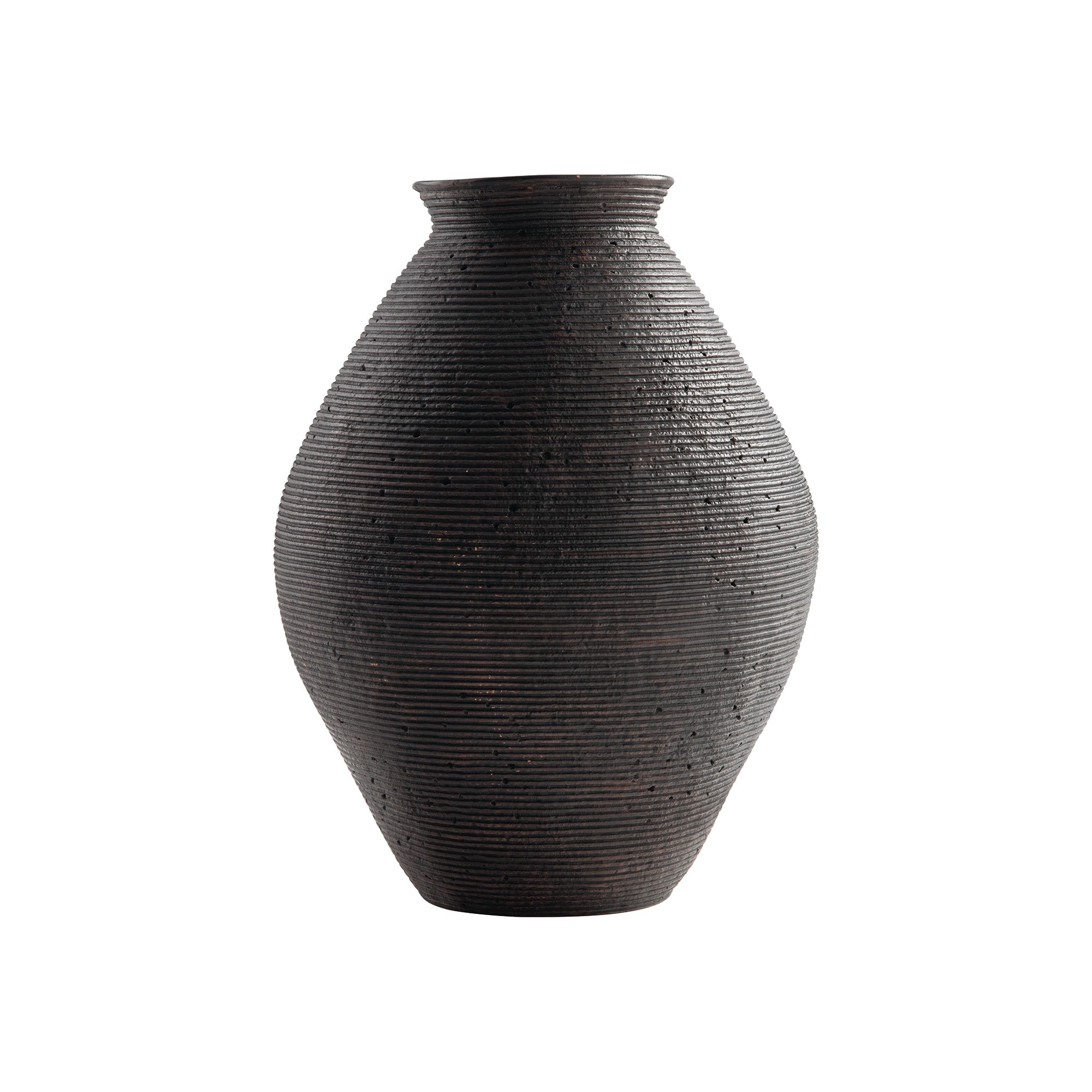 Dale 17 Inch Round Polyresin Vase, Tightly Ribbed Texture, Antique Brown