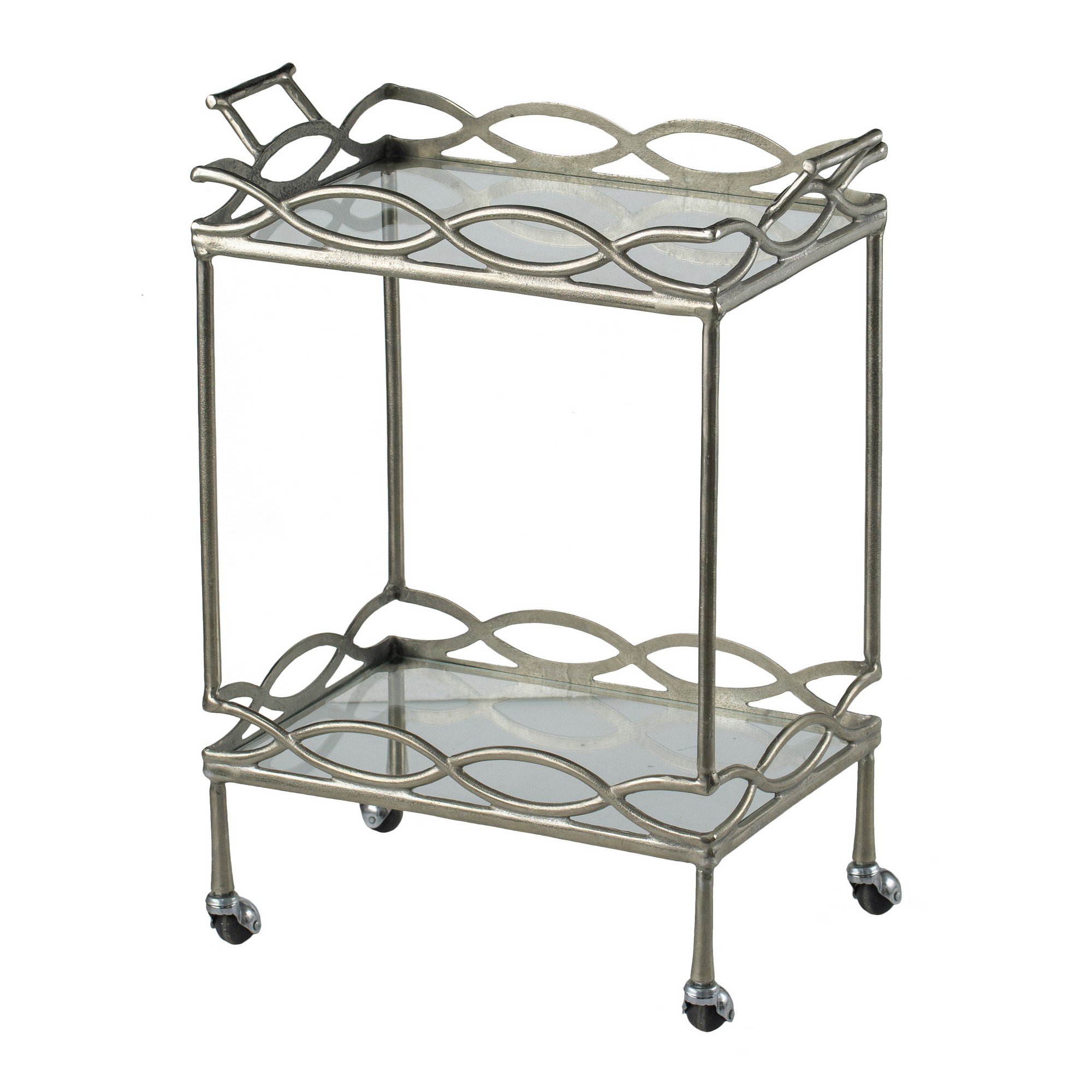 30 Inch Aluminum Bar Cart, 2 Tier Glass Shelves, Dynamic Accents, Silver