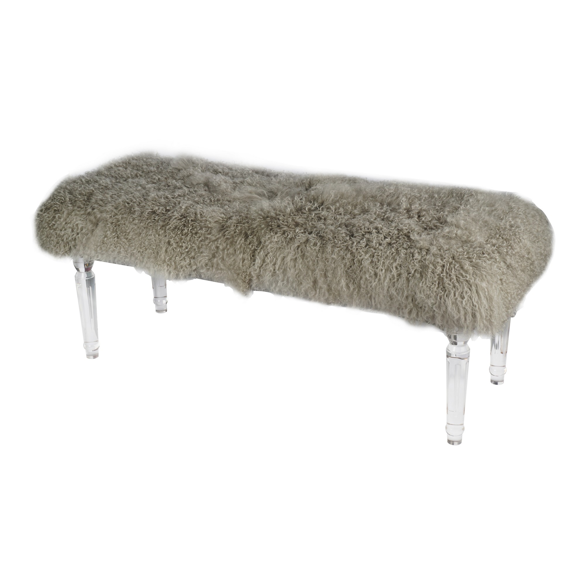 49 Inch Accent Bench, Faux Fur Seat, Clear Acrylic Legs, Smooth Rich Brown