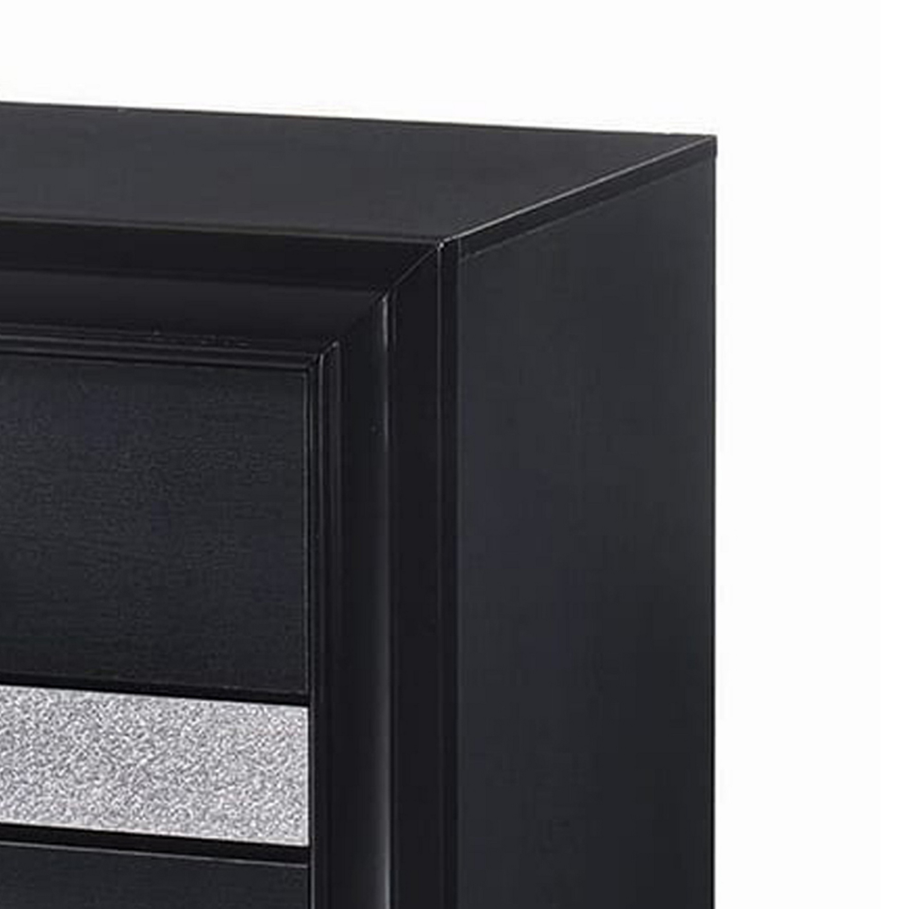 Nightstand with 2 Drawers and Rhinestone Pull Handles, Black and Silver