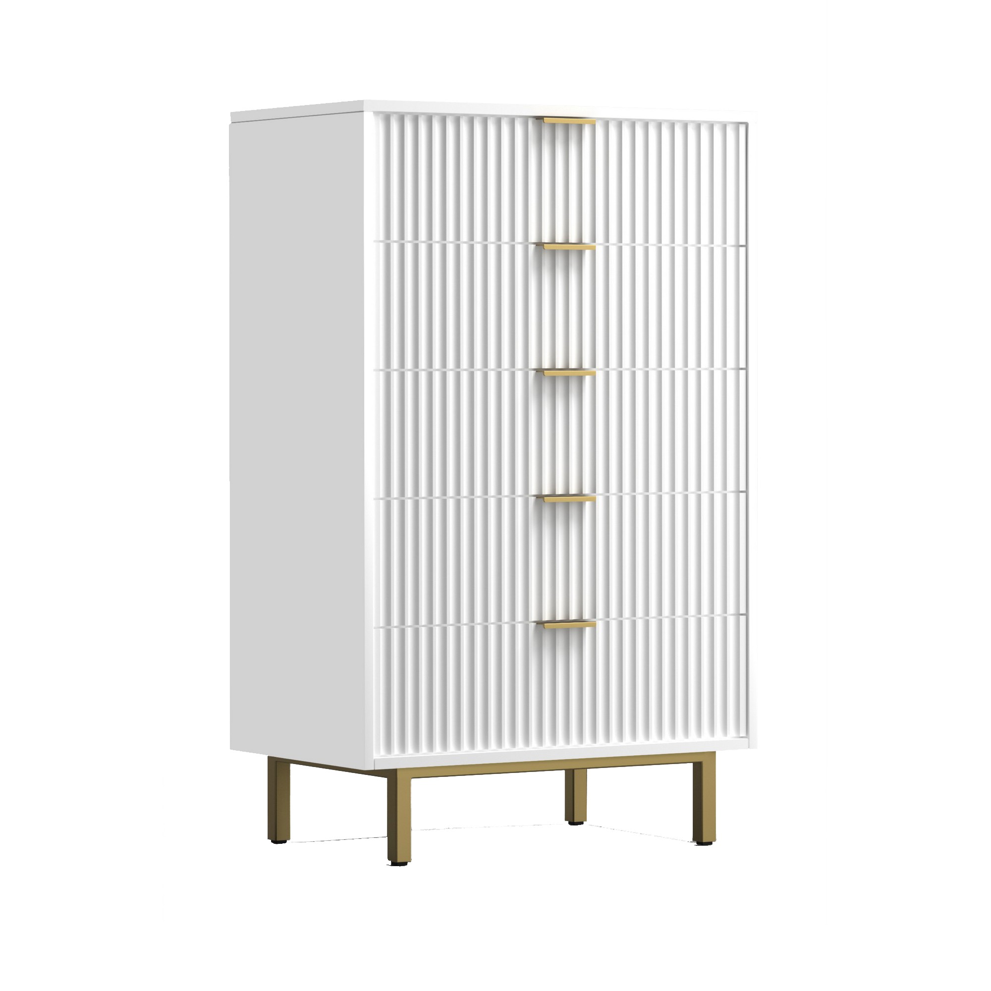 Beth 48 Inch 5 Drawer Tall Dresser Chest, White Mahogany Wood, Gold