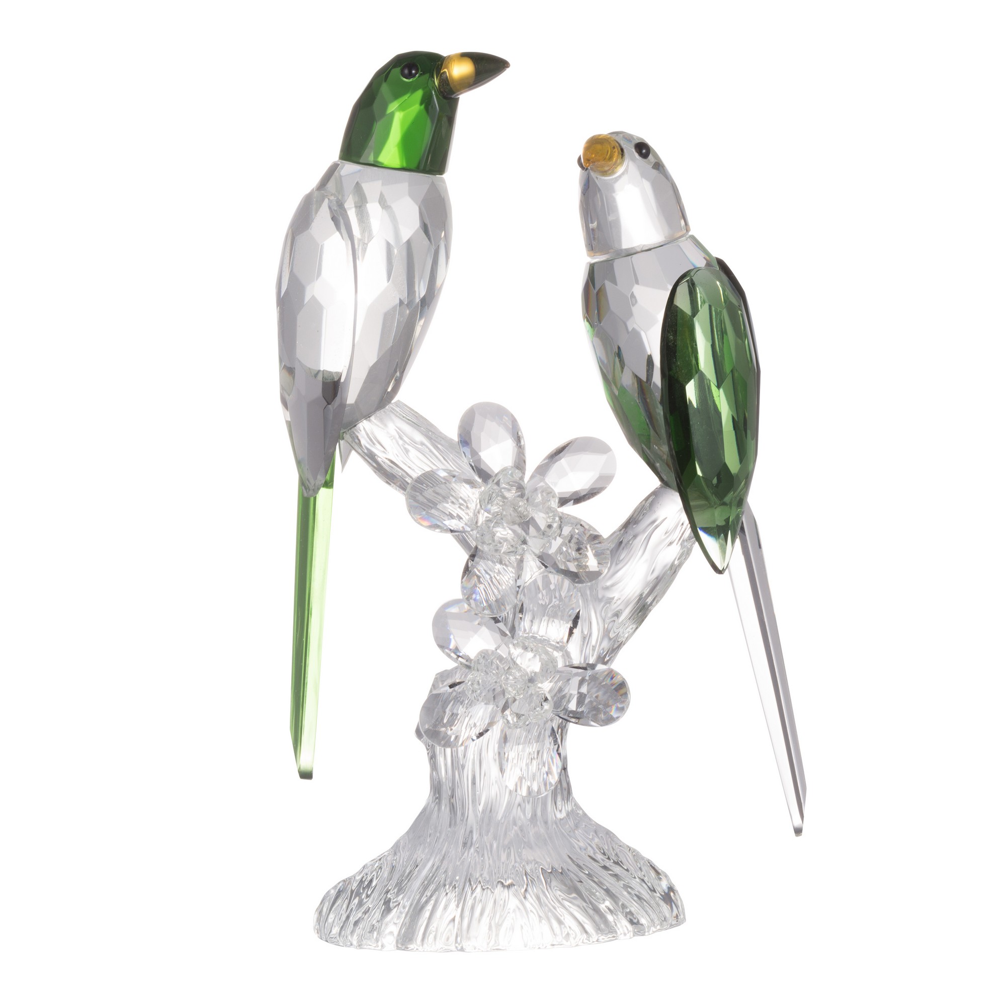 9 Inch 2 Parrots Sculpture Figurine Accent, Clear and Green Faceted Glass