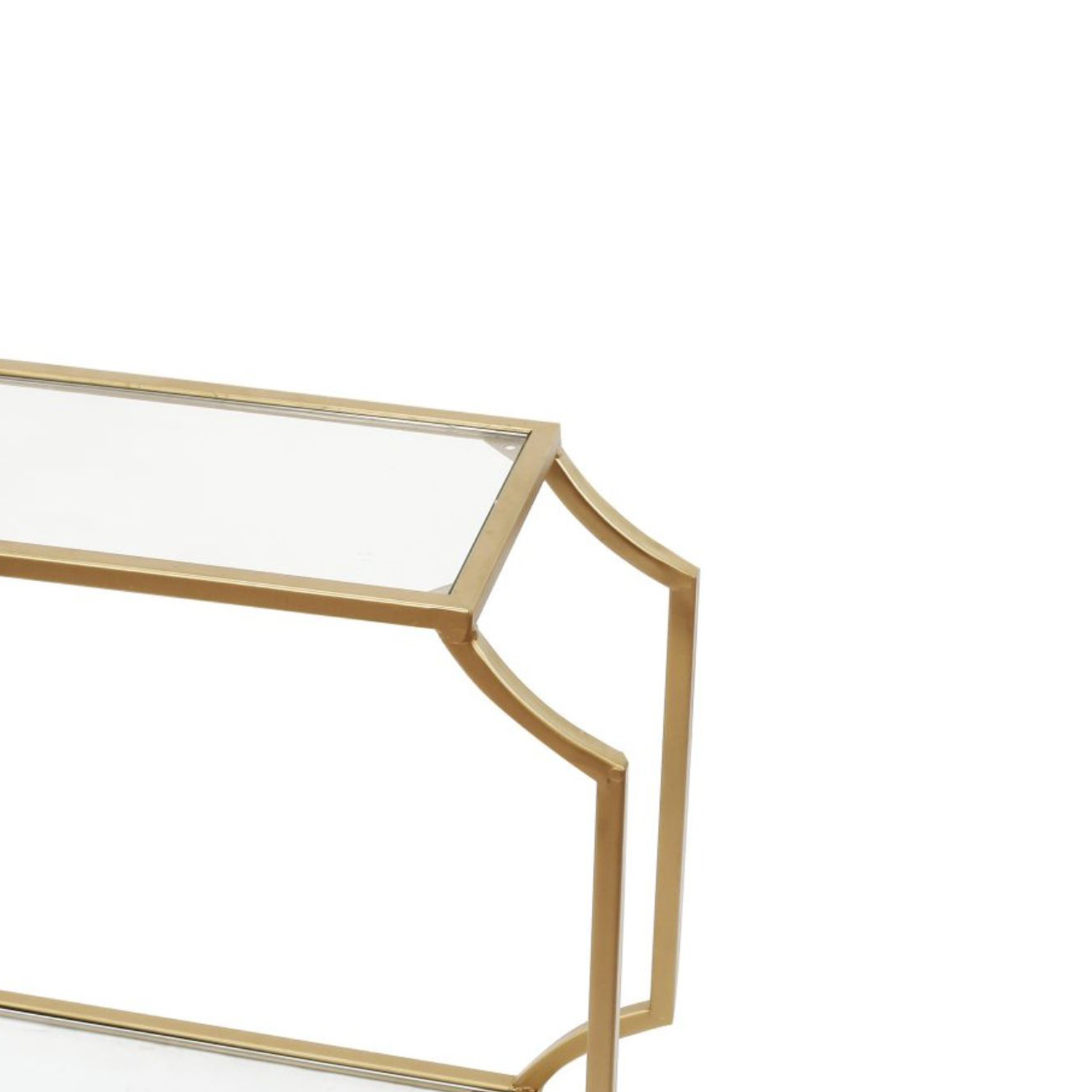 Metal Wall Shelf with Two Glass Shelves and Smooth Chamfered Corners, Gold and Clear