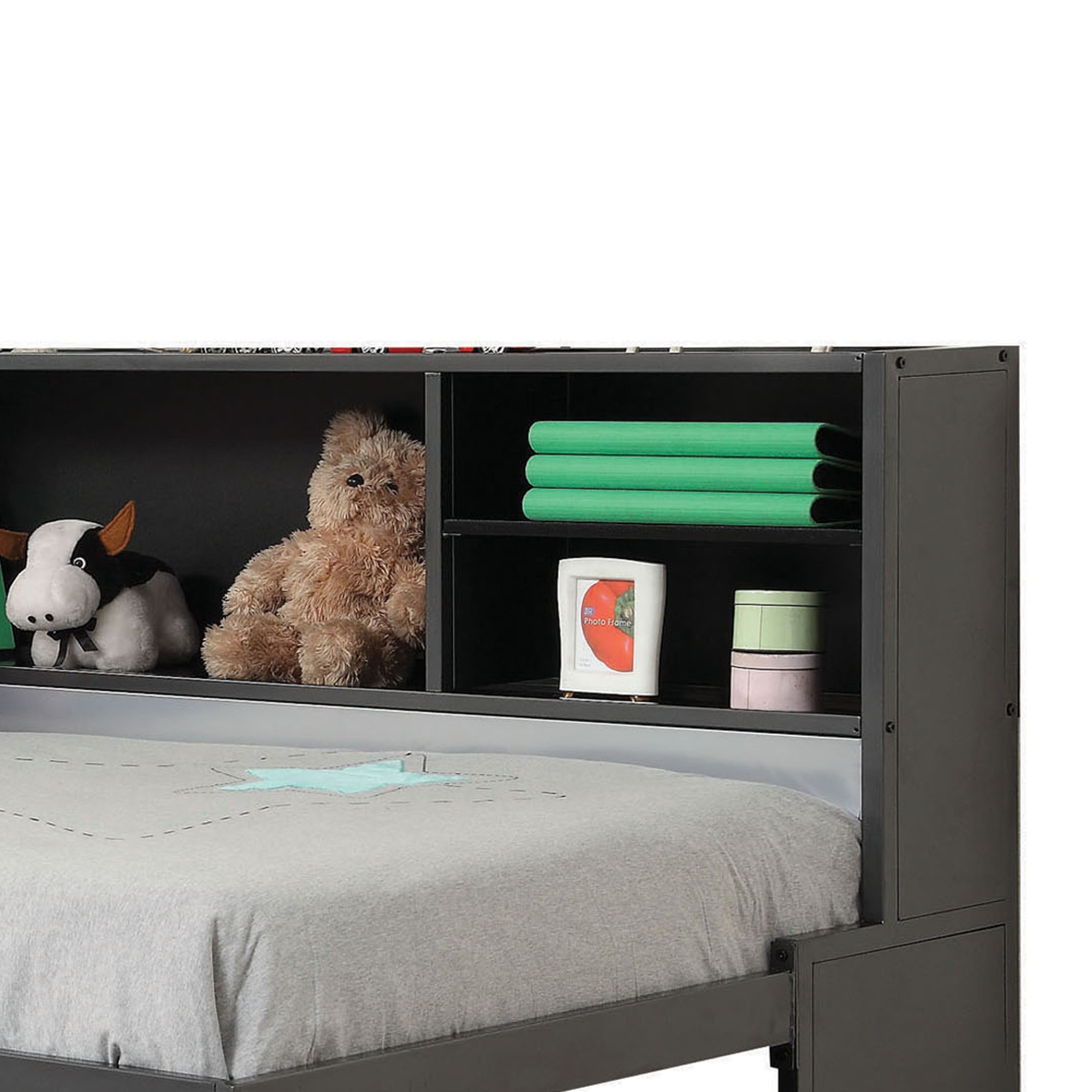 Metal Twin Bed with Bookcase and Rollout Trundle, Black and Silver