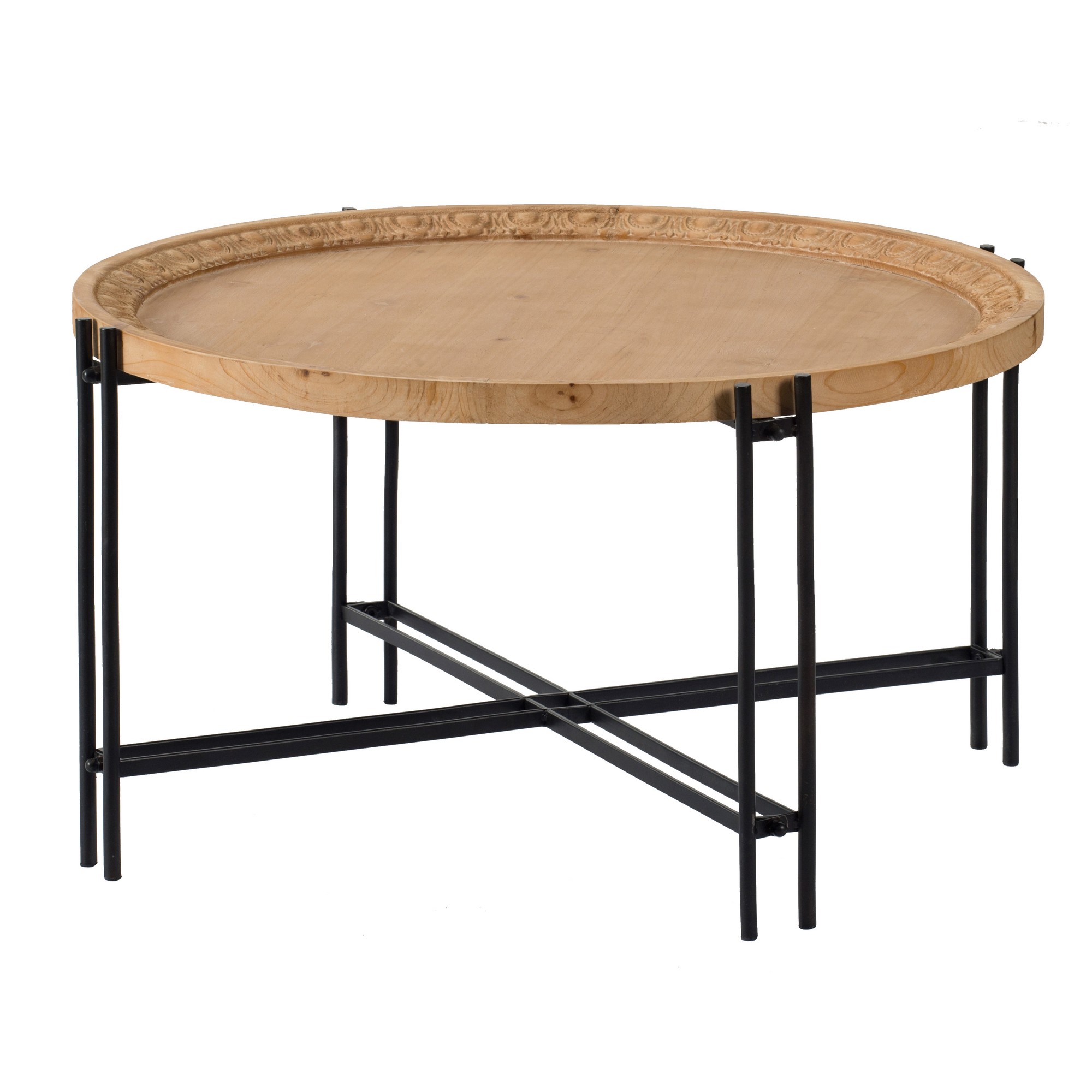 32 Inch Fir Wood Coffee Table, Intersecting Metal Legs, Brown and Black