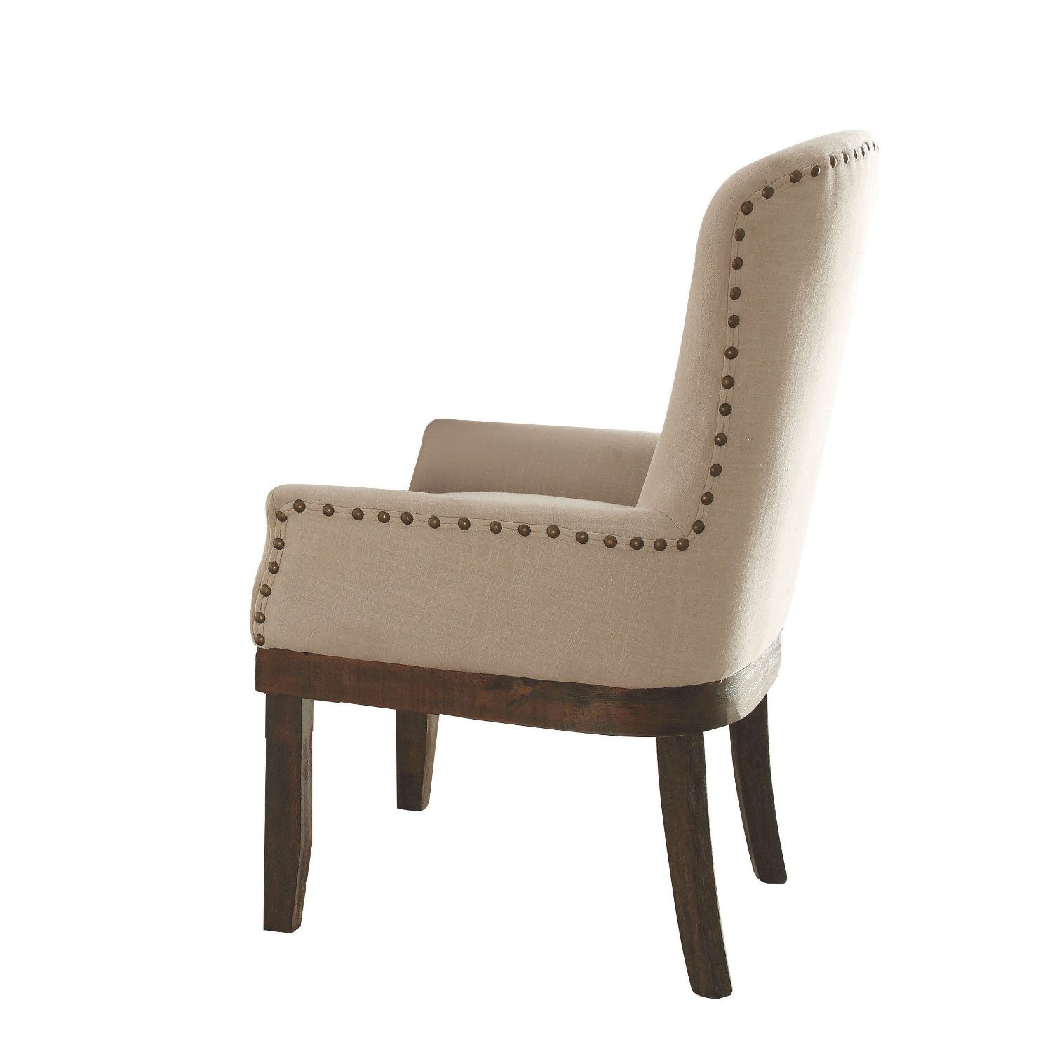 Wooden Arm Chair with Wing Back and Nailhead Trims, Beige and Brown