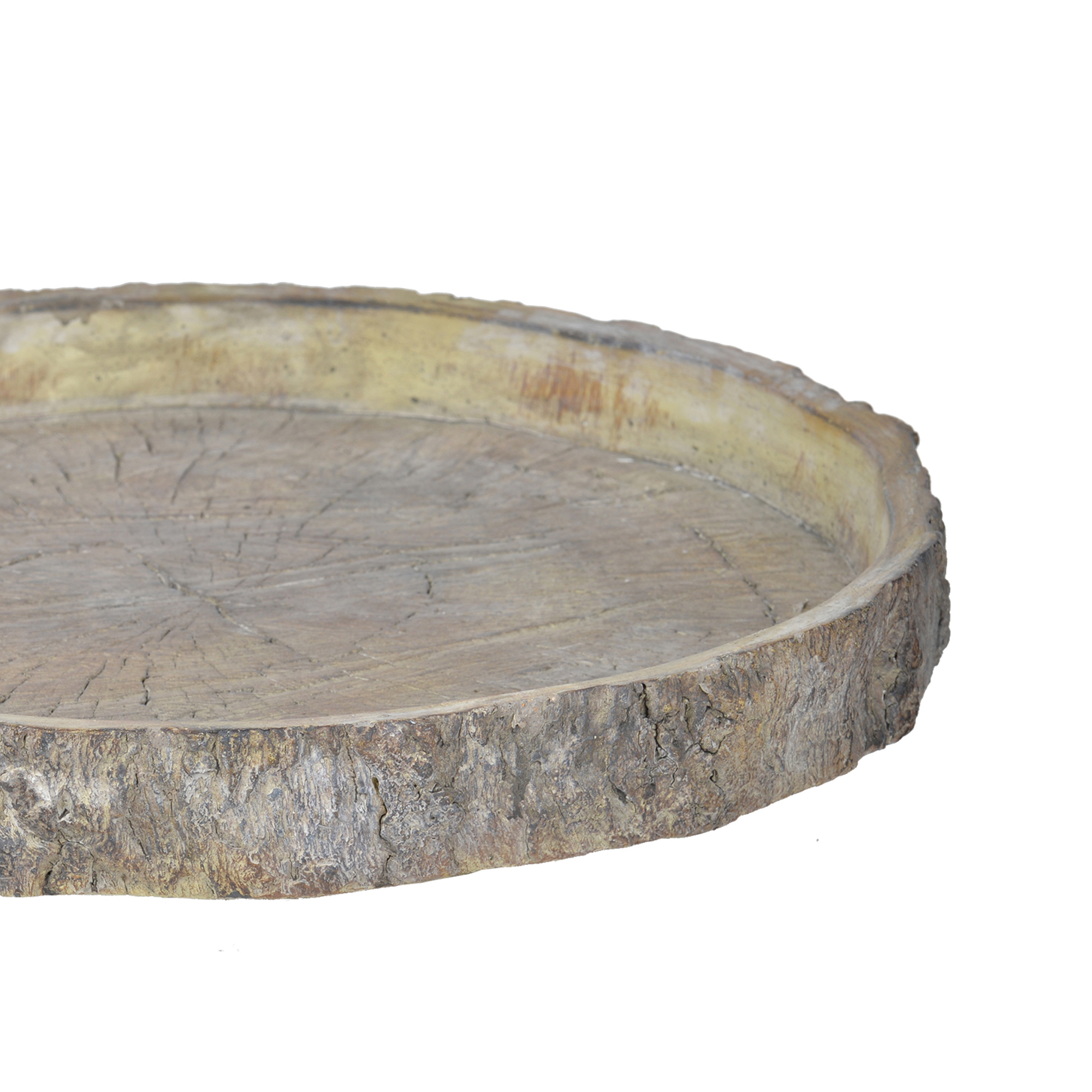 Round Shape Cemented Log Plate with Distressed Details, Gray