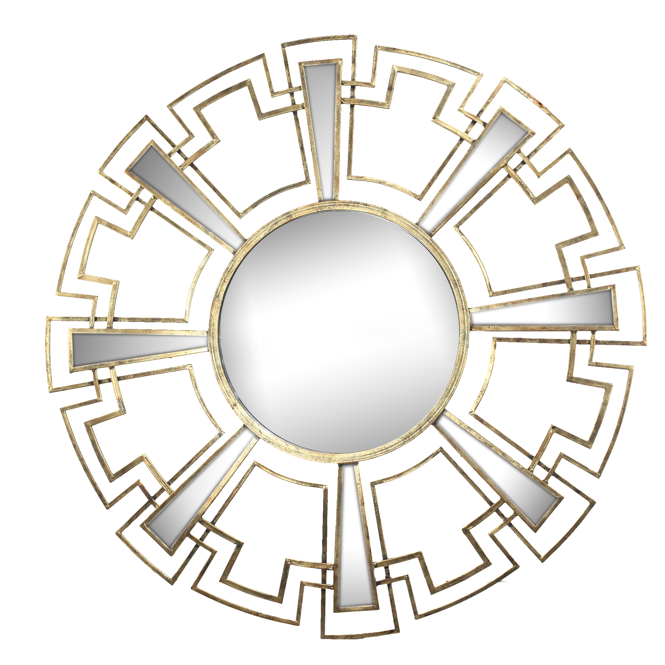 Round Sunburst Wall Mirror with Geometric Design Metal Frame, Gold