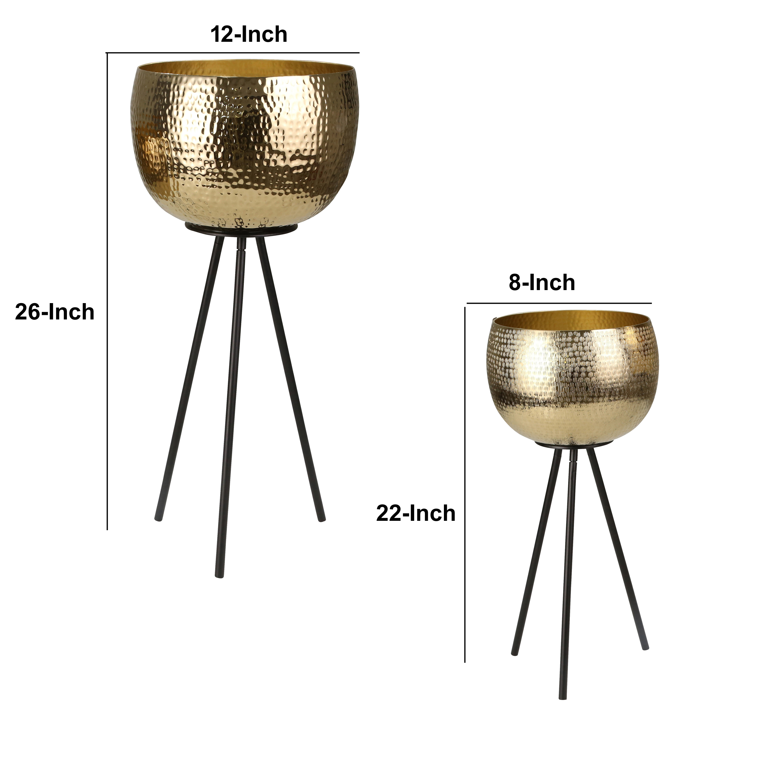 Hammered Textured Metal Bowl Planters on Tripod Base, Set of 2, Gold and Black