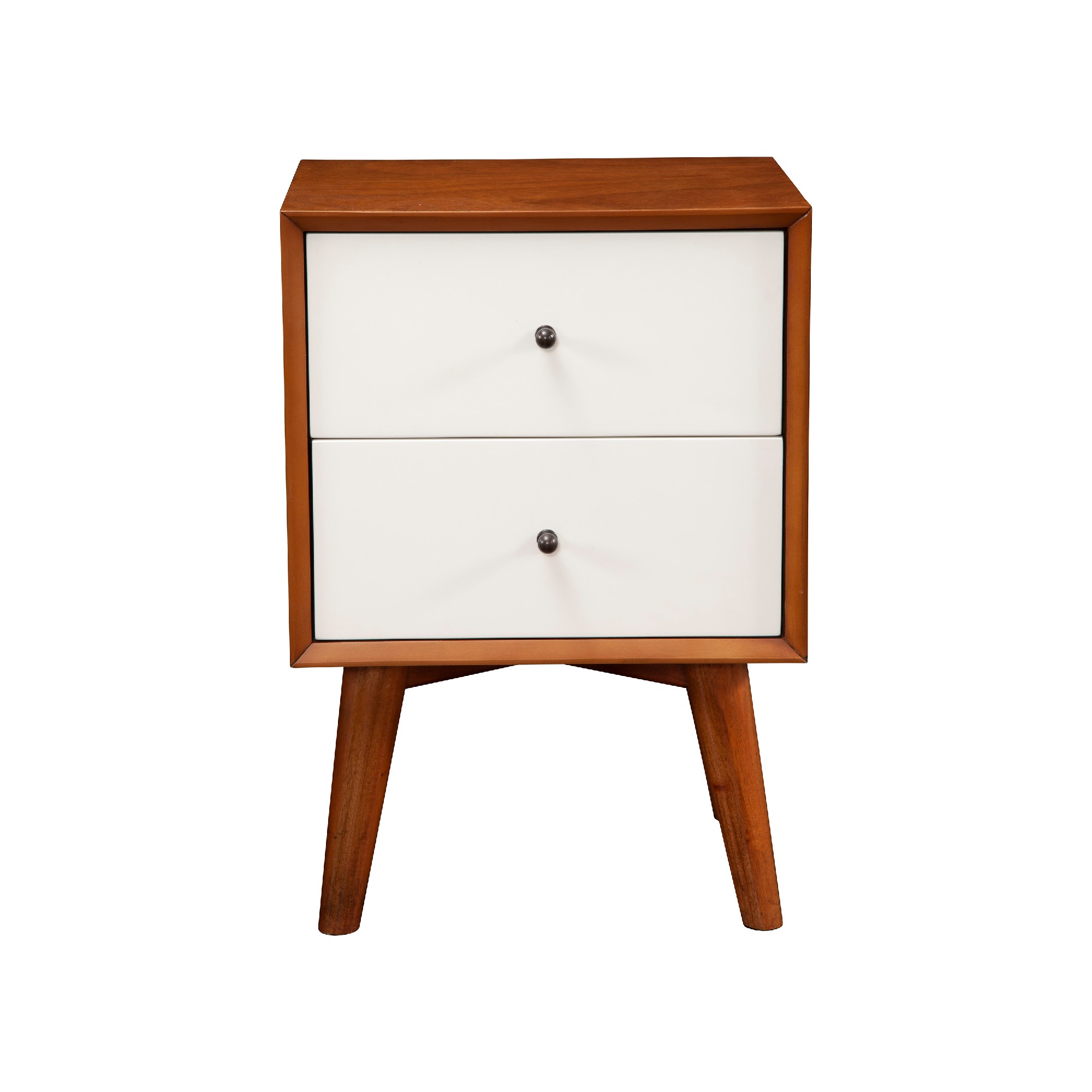 Stylish Wooden Nightstand With Two Drawers and Flared Legs, Brown and White