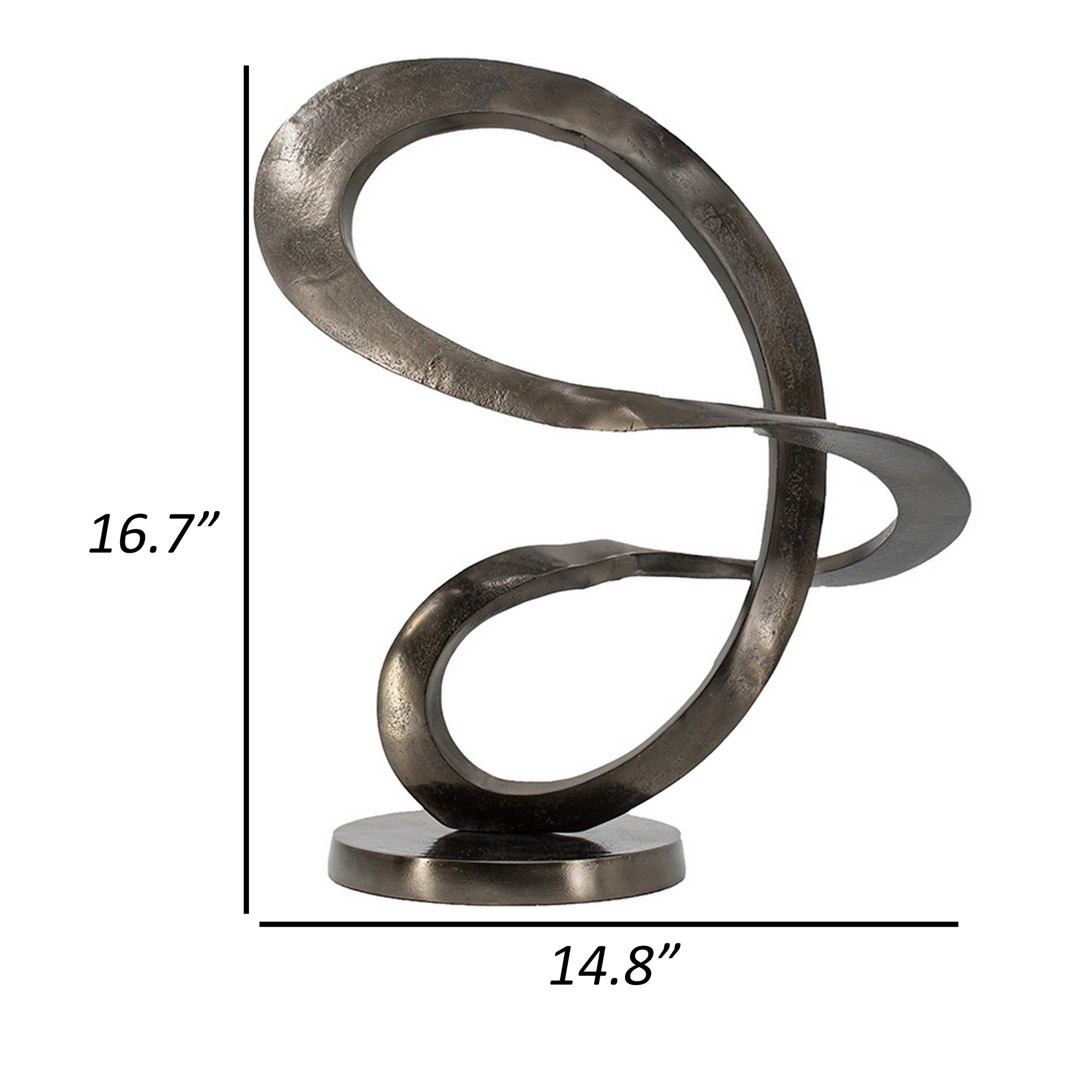 17 Inch Modern Sculpture, Black Aluminum, Tabletop Decor Loop, Round Base