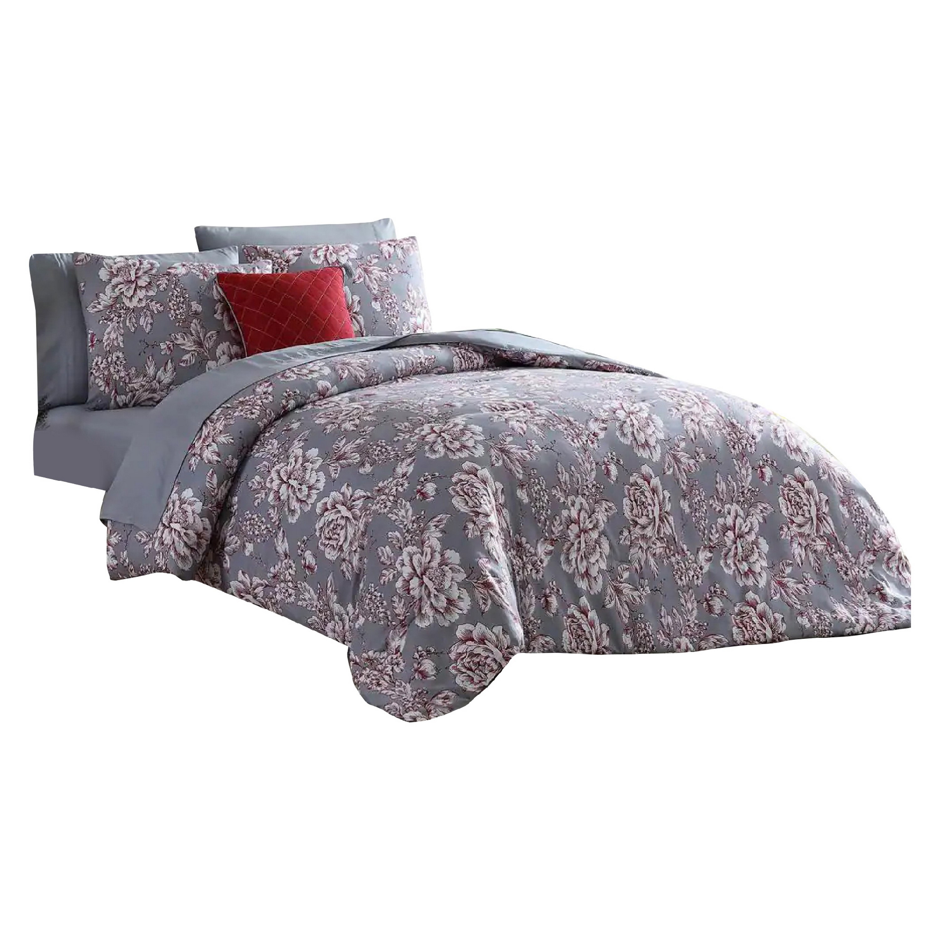 Tyler 8 Piece Microfiber Queen Bed Set, Floral Print, The Urban Port, Gray