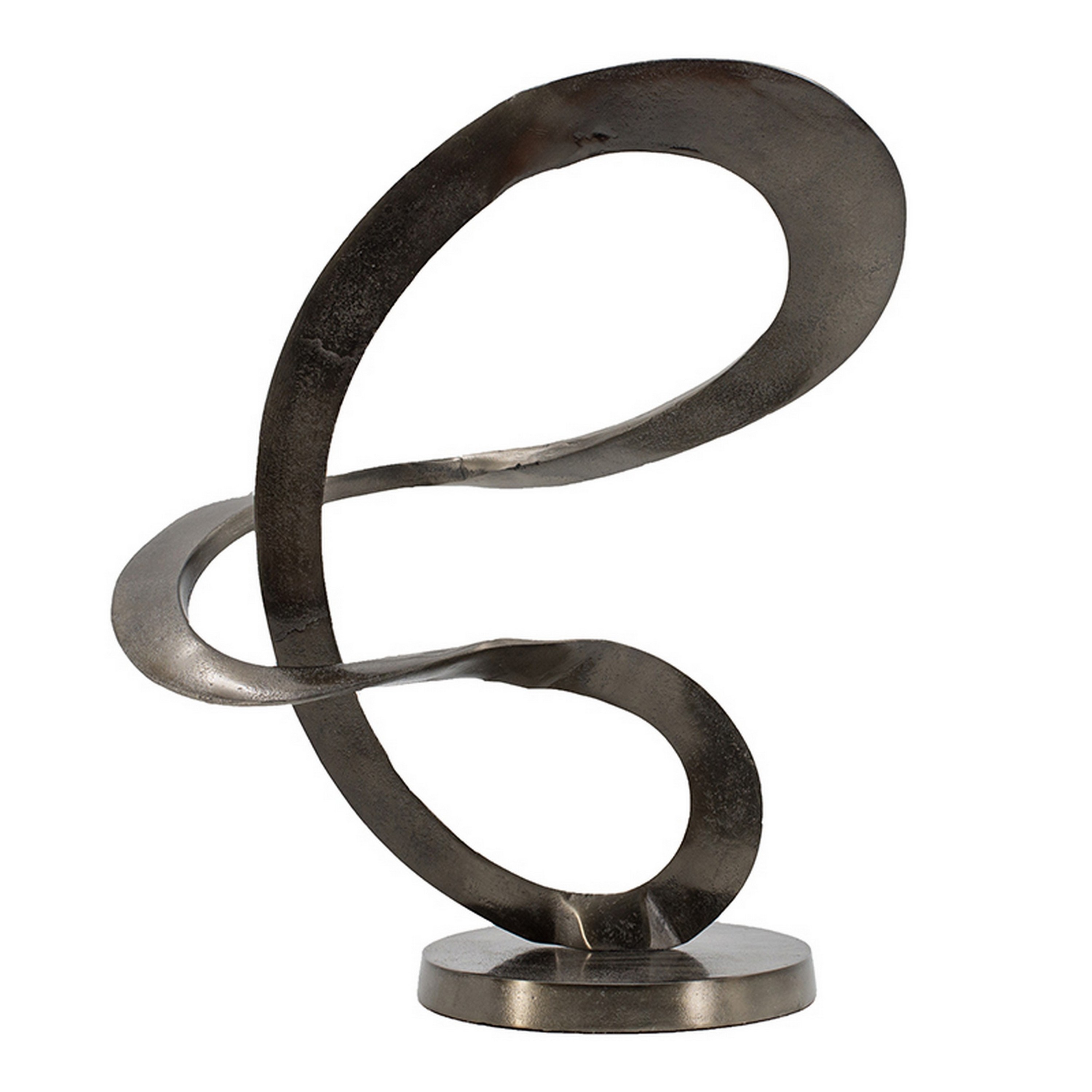 17 Inch Modern Sculpture, Black Aluminum, Tabletop Decor Loop, Round Base