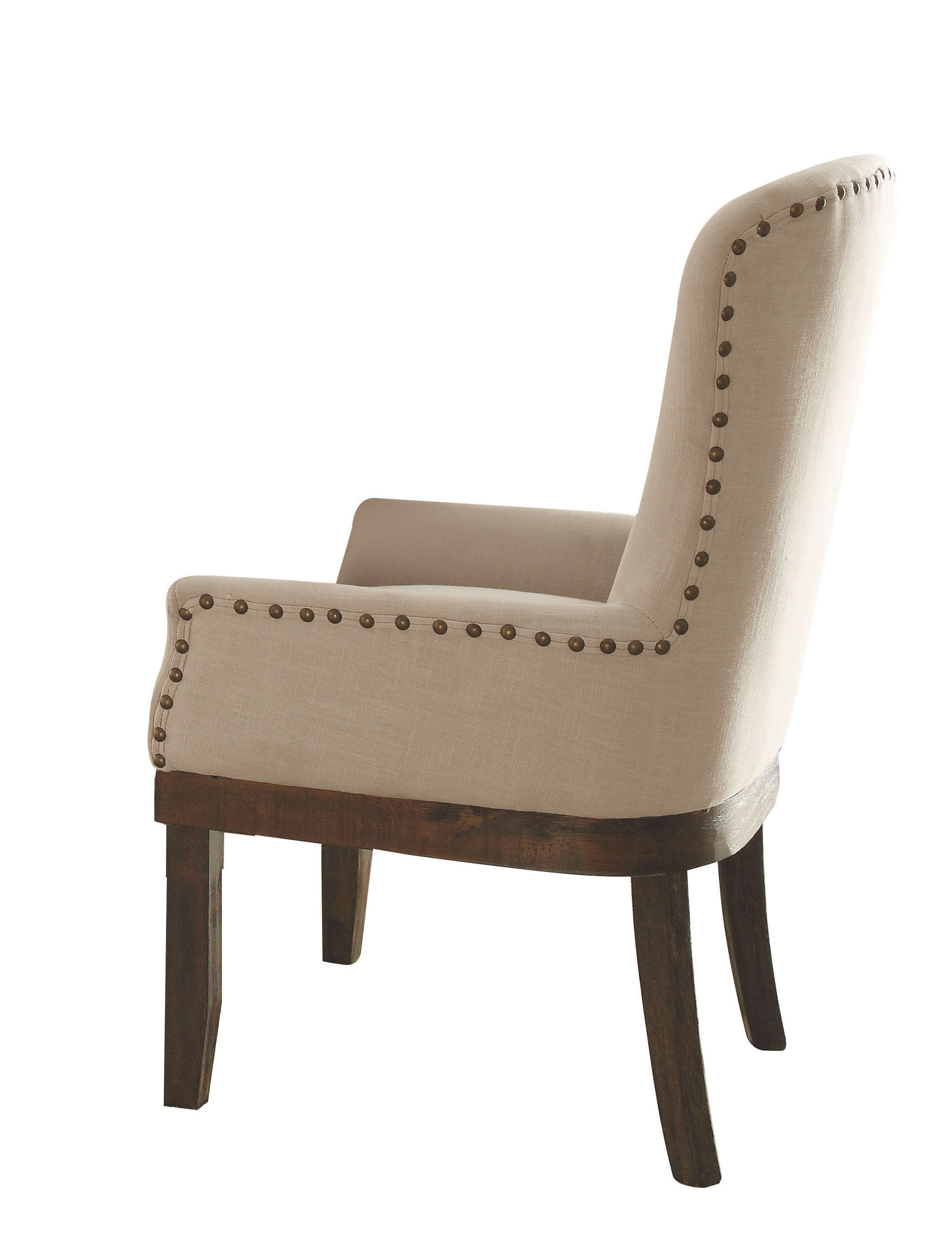 Wooden Arm Chair with Wing Back and Nailhead Trims, Beige and Brown