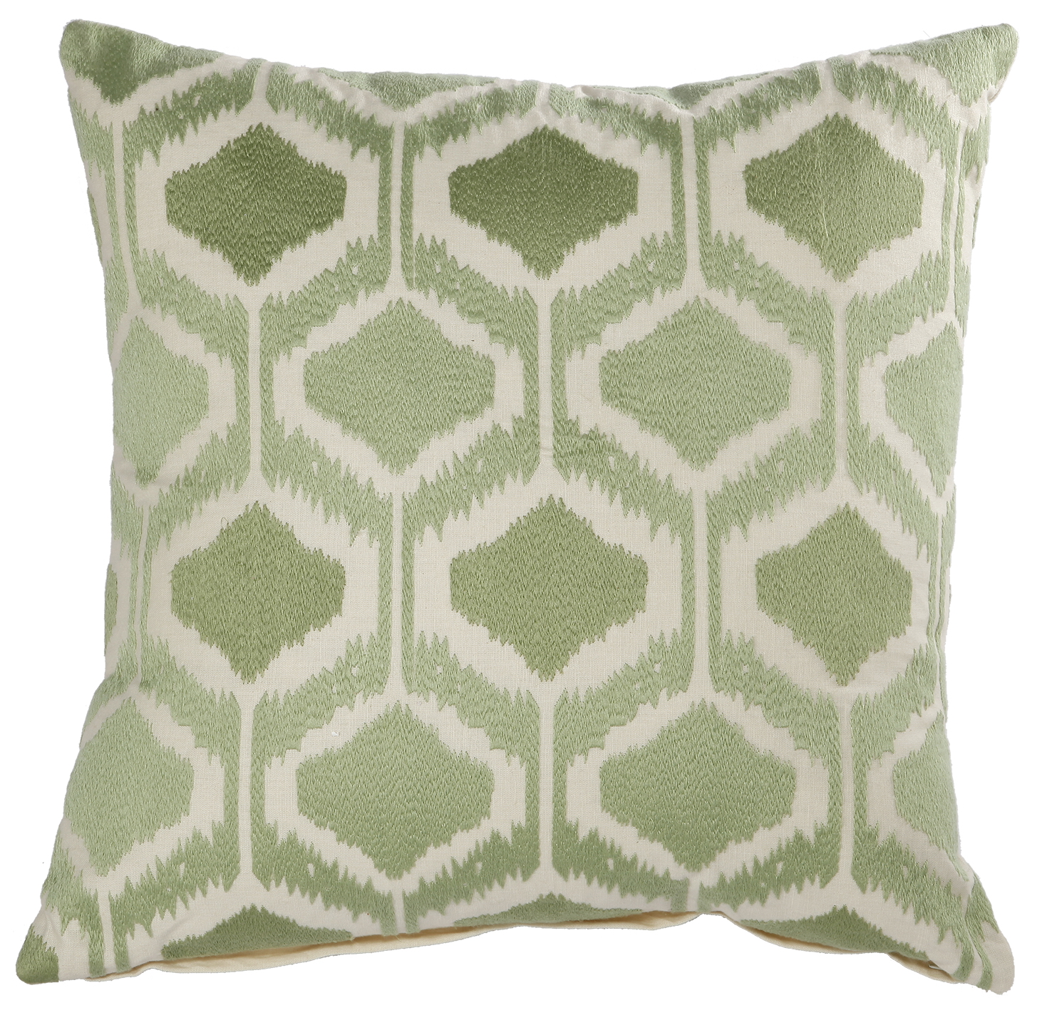 20 X 18 Inch Cotton Pillow with Fretwork Embroidery, Green and White