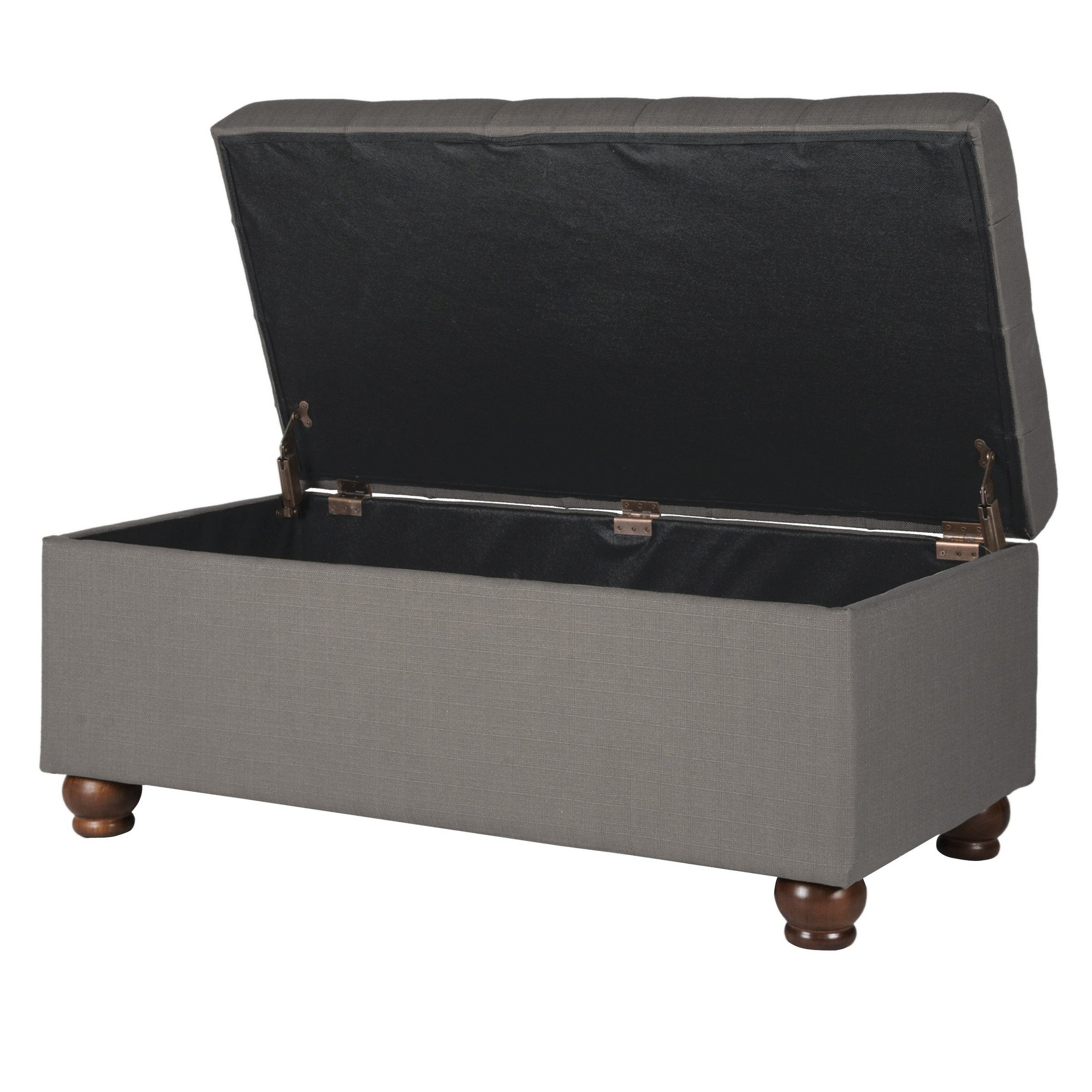 Textured Fabric Upholstered Button Tufted Storage Bench With Wooden Bun Feet, Gray and Brown